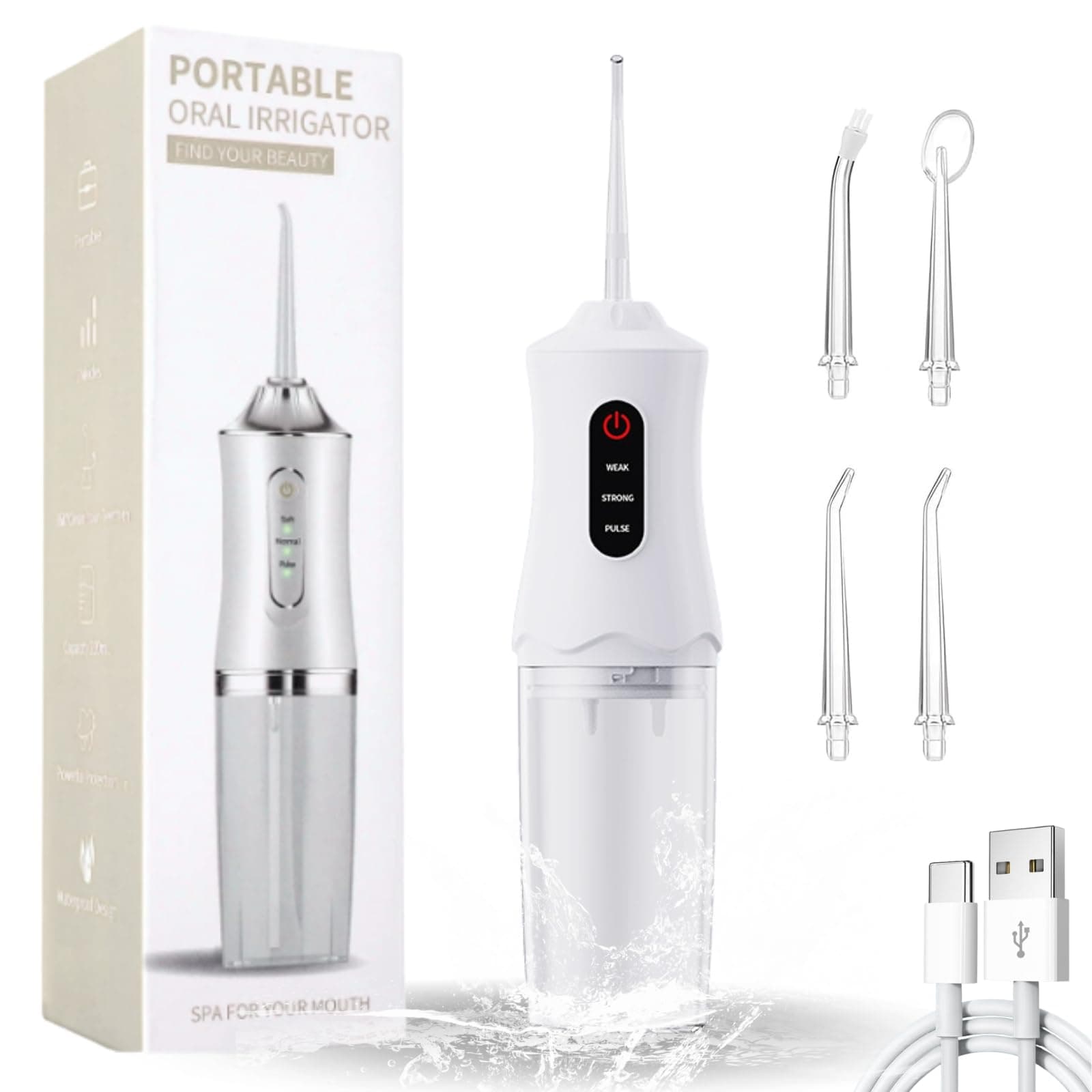 Idropulsore Dentale Portatile Pulizia Denti Rimuovi Tartaro, Water Flosser, Irrigatore Orale Senza Fili, Wasserdicht und Wiederaufladbar 4 Düsen 1 Ladekabel Geeignet für Reisen