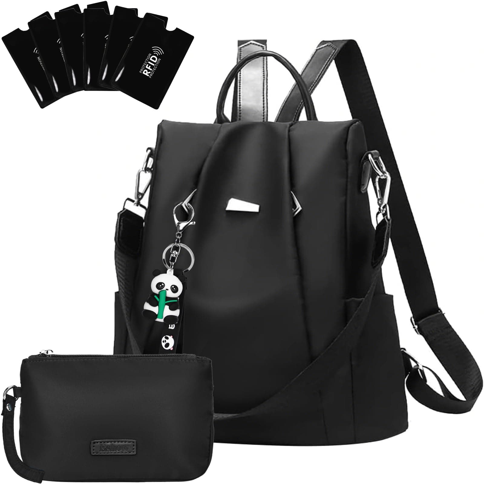 Eshow Mochila Antirrobo para Mujeres y Chicas, se Puede como Bolso de Hombro o Bolsa Bandolera, Adecuado para Viaje Escuela Compras y Trabajo Negro