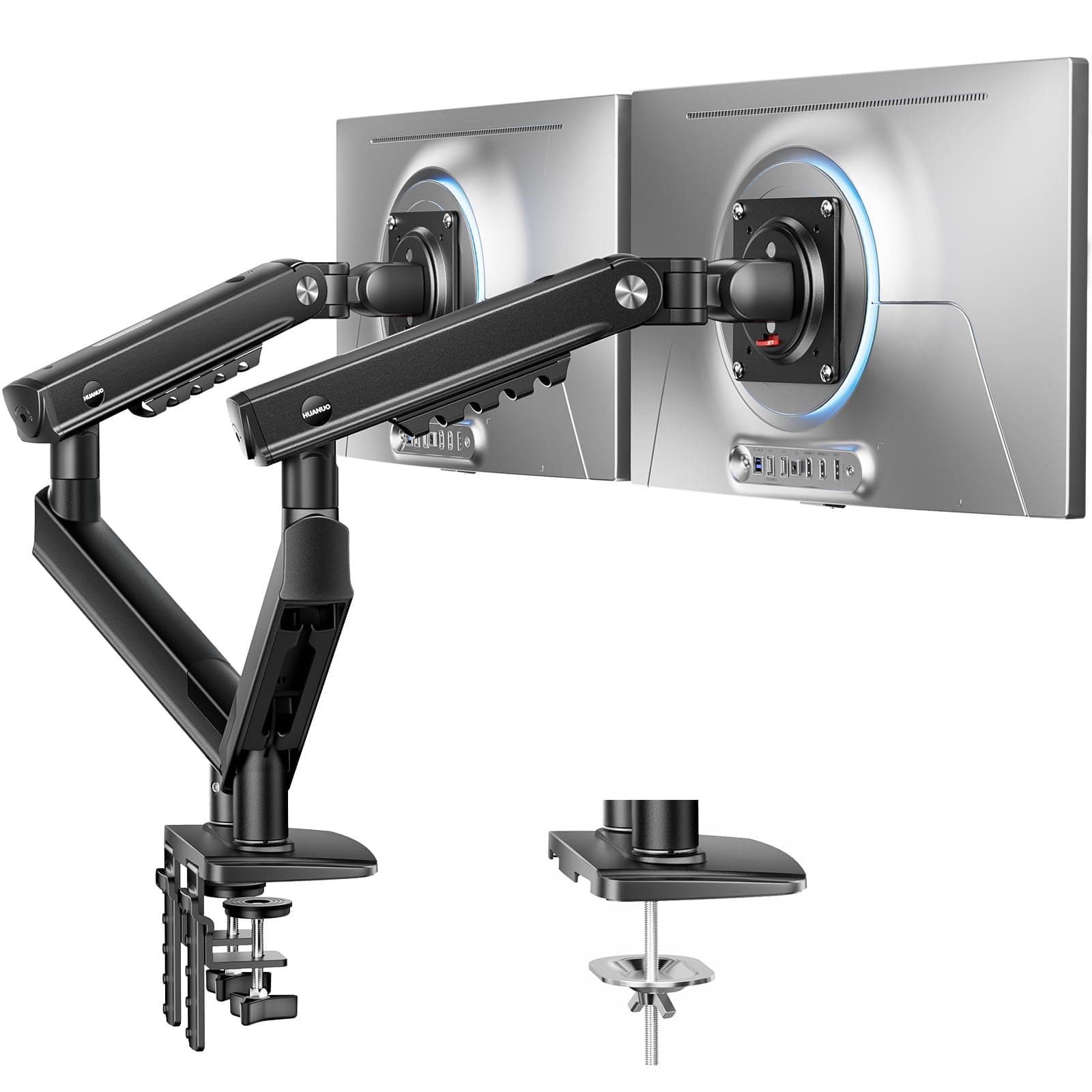 HUANUO Braccio Monitor Doppio per Schermi 13–32" (max 9 kg), FlowLift Pro Supporto Monitor, MechaSpring (Inclinabile/Girevole/Rotante), Montaggio VESA senza Attrezzi, base con Morsetto a C o Passacavo