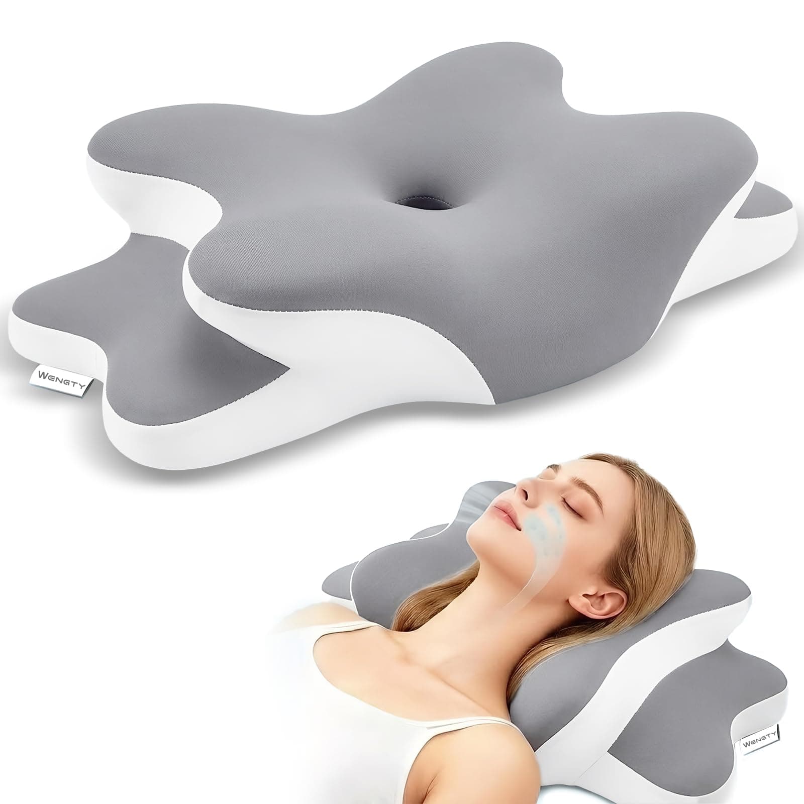Cuscino per apnea notturna con sollievo dal dolore al collo e dal russamento, cuscino cervicale ortopedico, in memory foam ergonomico per chi dorme su fianco, schiena, stomaco (Gray, Queen Size)