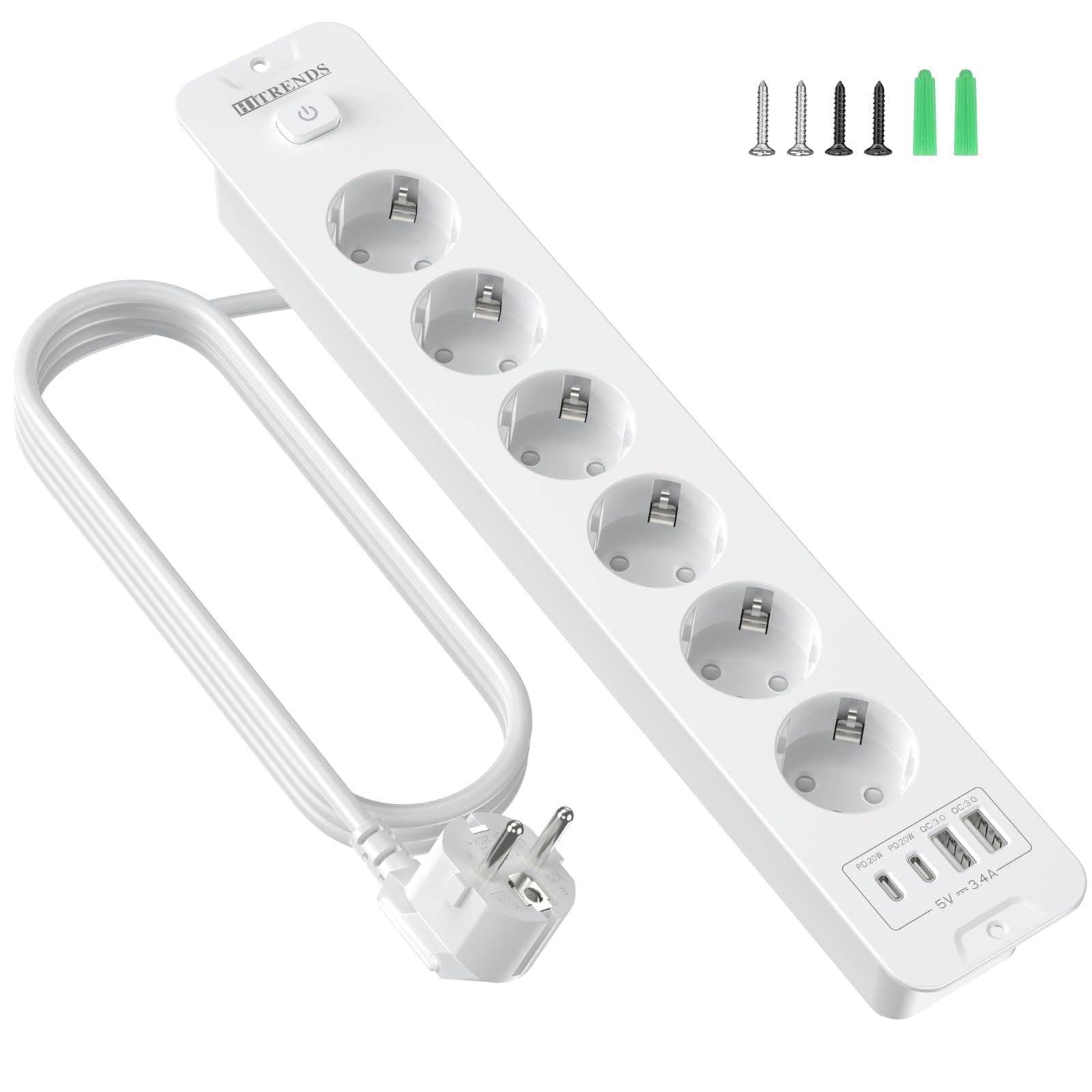 Toma de Empotrar Corriente con 2 USB y 2 Type-C, 6 Tomas Enchufes Multiple Empotrada de Sobremesa con Interruptor, Regleta de Enchufes Empotrada con Cable de 2M para Muebles de Encimera, Blanco