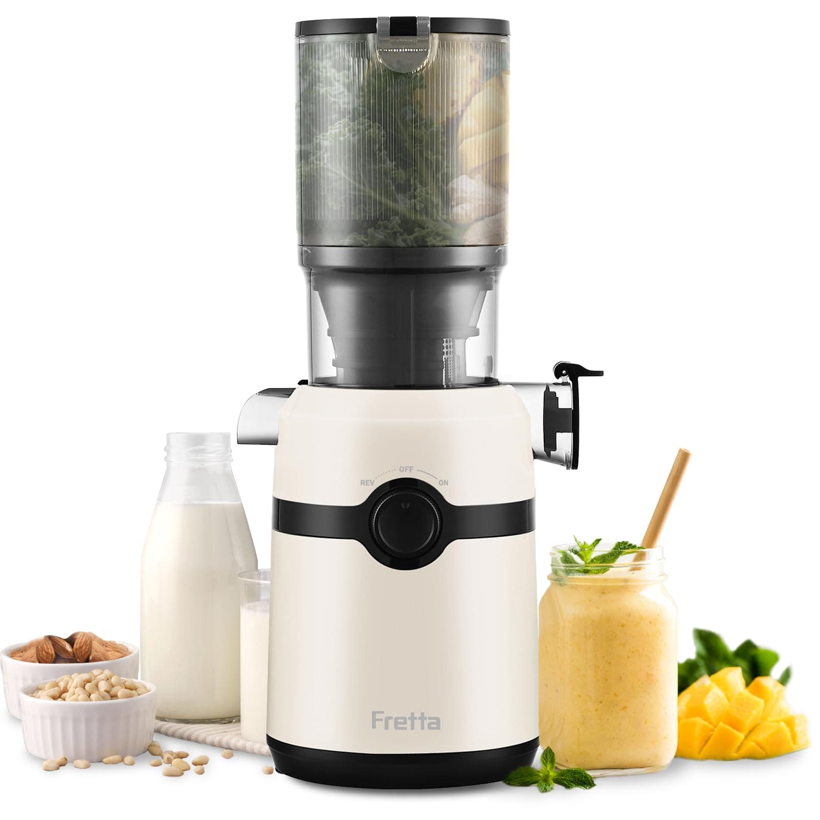Fretta Extractor de Zumos y Verduras, Apertura de 108MM y Capacidad de 1L,Licuadora Prensado en Frio para Verduras Frutas Enteras,200W Slow Juicer Machine,Fácil Montaje y Limpieza,Sin BPA(Blanco Roto)