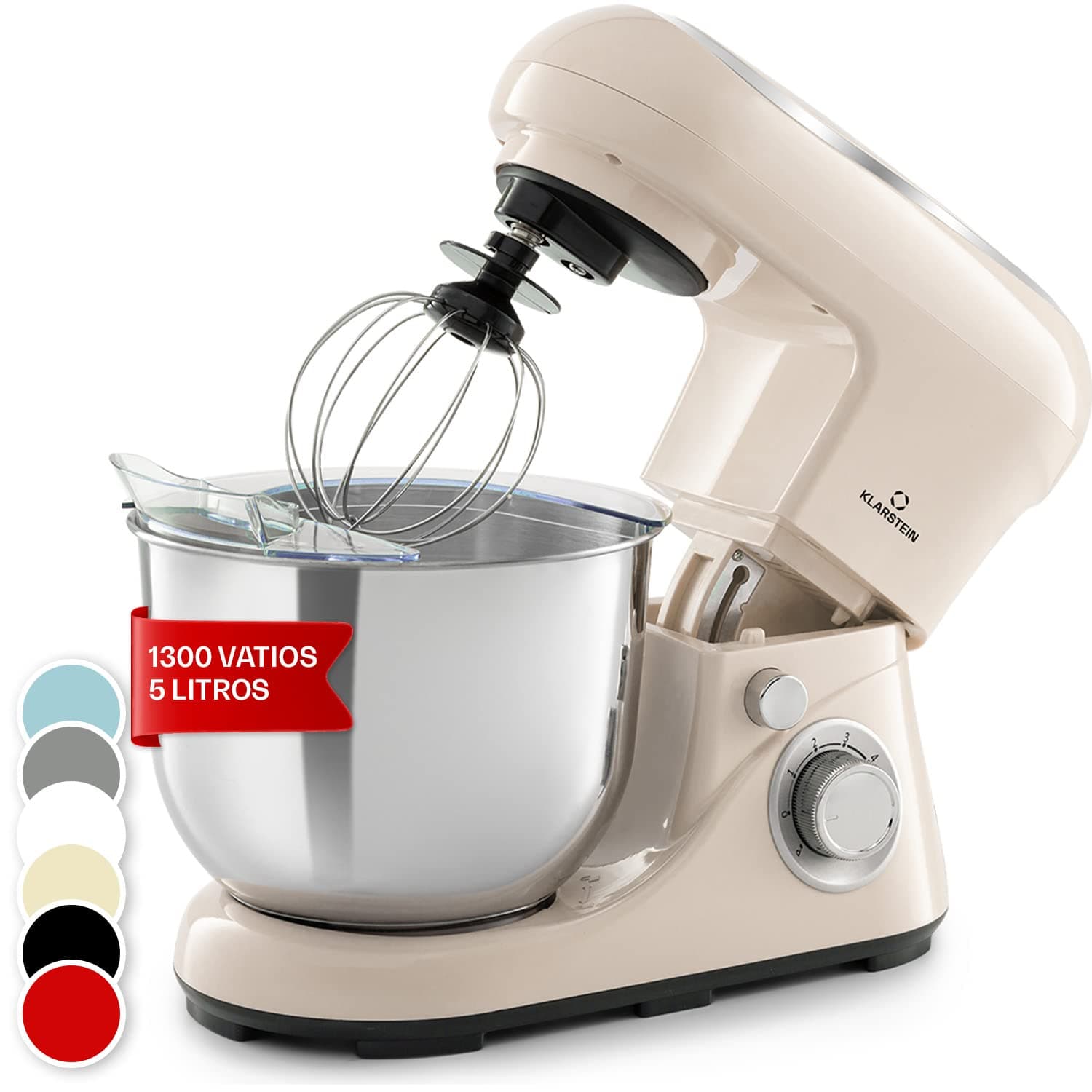 Klarstein Batidora Amasadora con Bol 5L para Hornear, Robot Cocina, Amasadora Reposteria 1300W, Gancho y Bol para Mezclar, Electrodomesticos Cocina Varillas Rotación Planetaria con 6 Velocidades