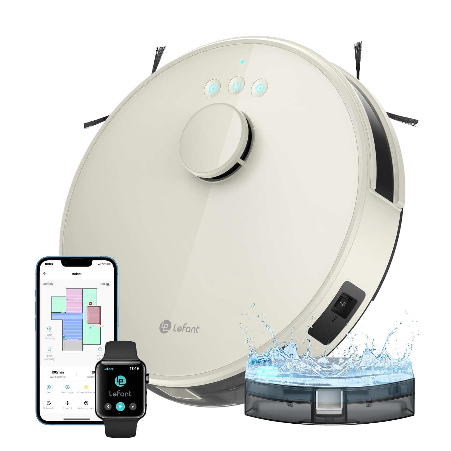 Lefant M1 Robot Aspirateur Laveur 2 en 1 5500Pa, Navigation LiDAR avec Cartographie Multi-étage, Zones Virtuelles, Commande Alexa/APP/WiFi, Idéal pour Poils d’Animaux, Tapis et Sols Durs, Champagne