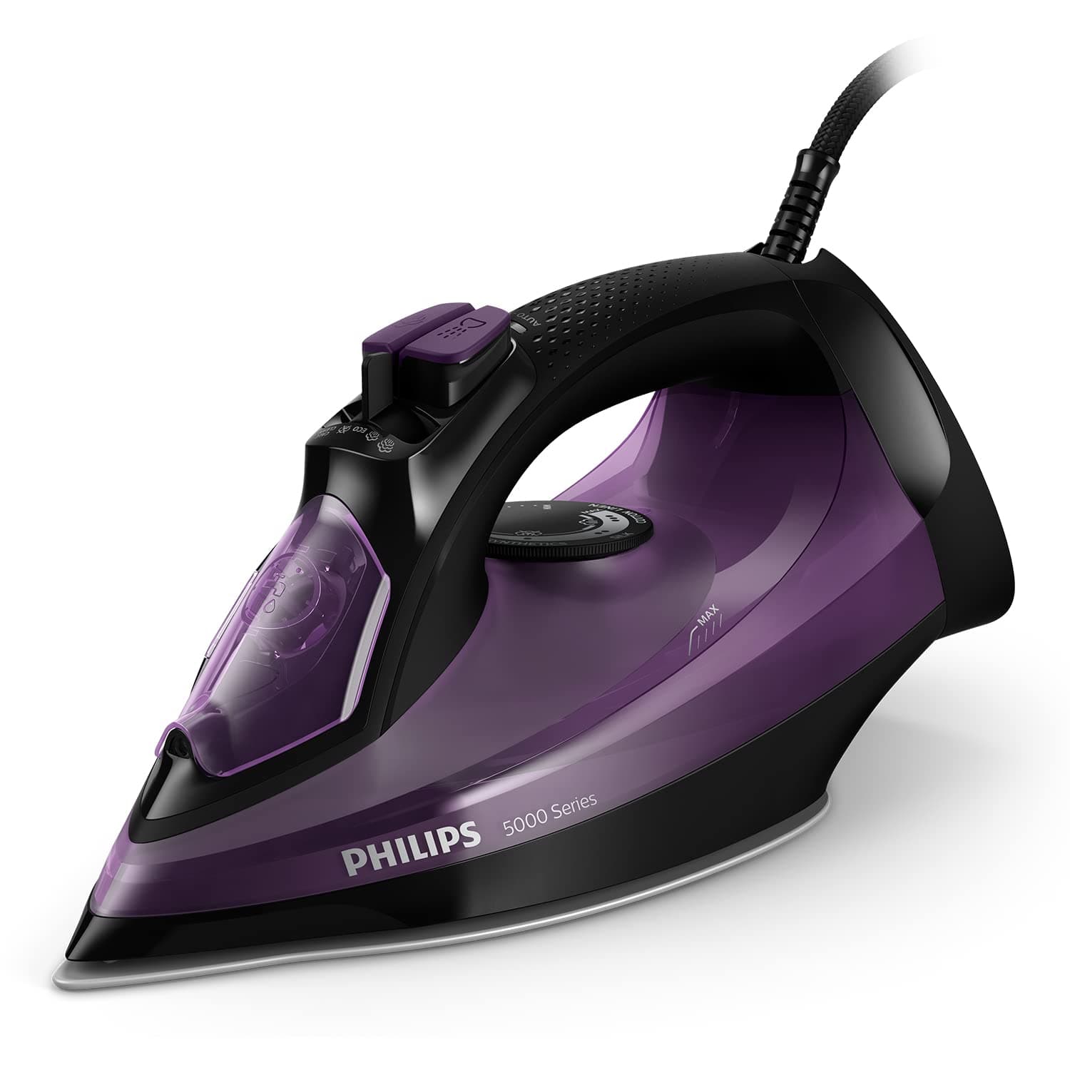 Philips Series 5000 Dampfbügeleisen – 2400 W, konstante Dampfleistung 45 g/min, Dampfstoß 180 g, Vertikaldampf, SteamGlide Plus Bügelsohle, schwarz/lila (DST5030/80)