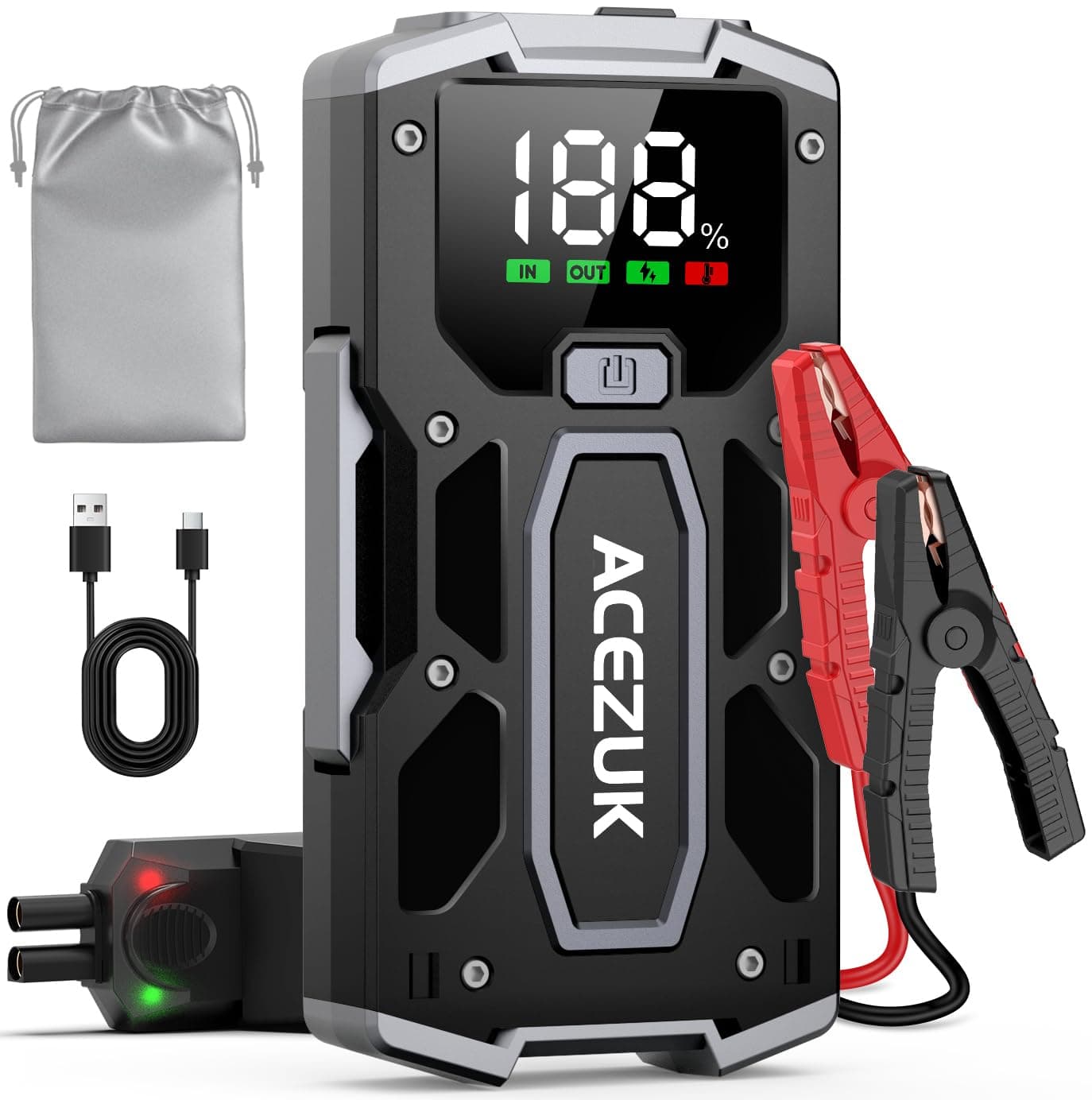 ACEZUK Booster Batterie Voiture 7000A, Démarreur de Voiture Portable (Jusqu'à 5.5L Diesel ou 7.0L Gaz), 12V Jump Starter avec 2.5 inch Écran LCD, Pinces de Sûreté Intelligentes, Lumière LED