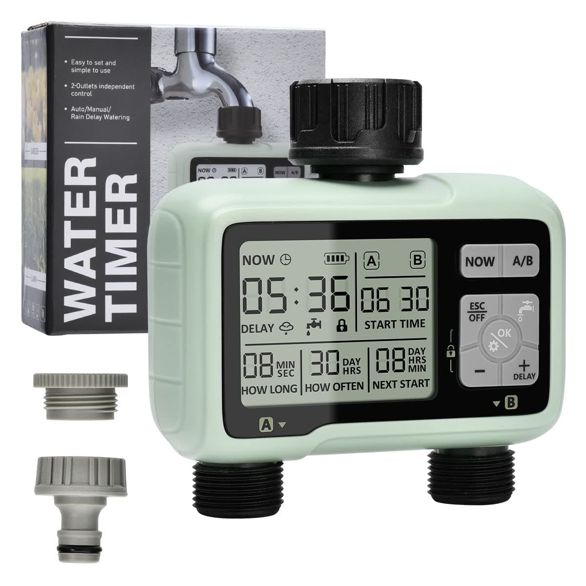 Computer per l'irrigazione con 2 uscite controllate in modo indipendente, timer digitale per l'acqua Johgee con display LCD, controller per l'irrigazione automatica/manuale