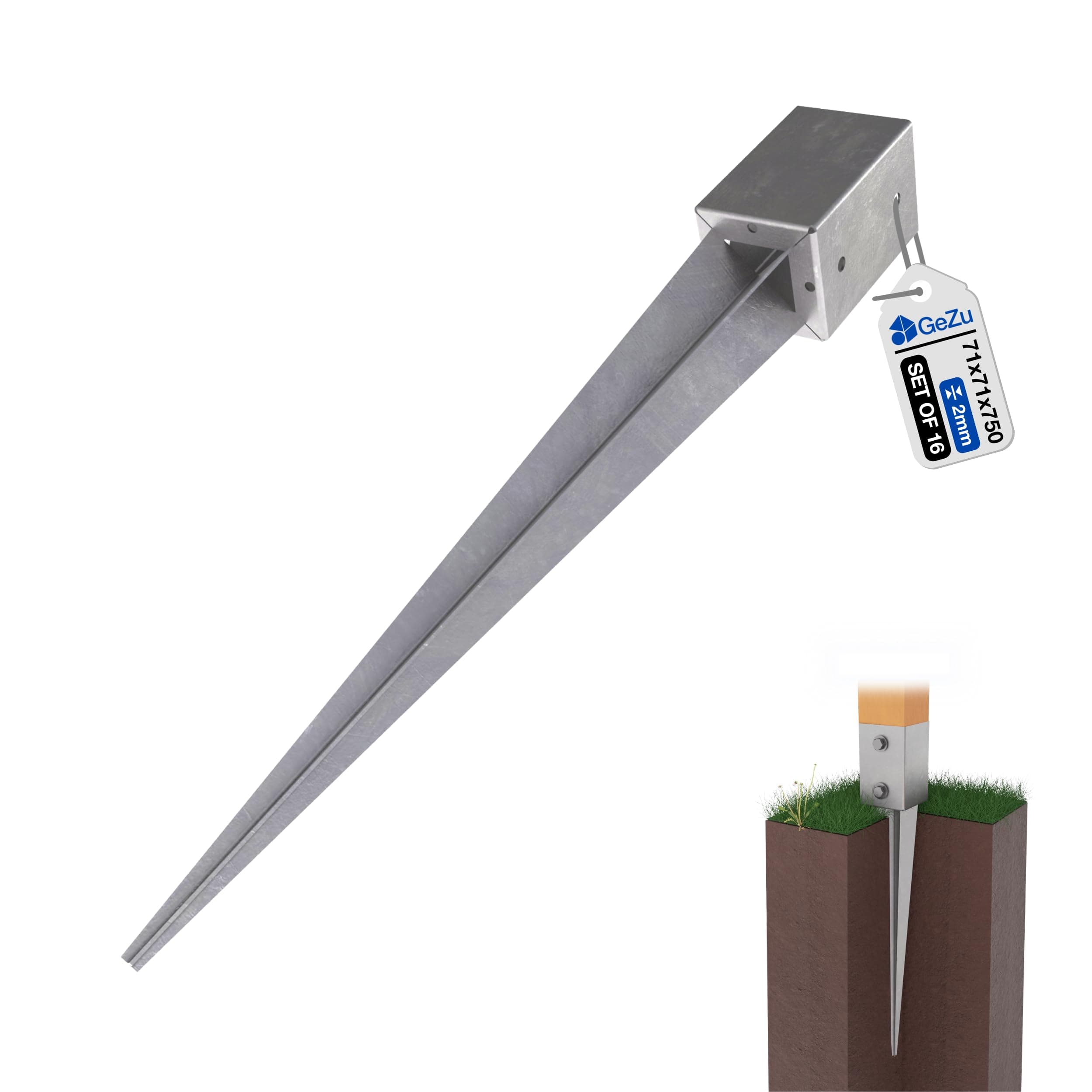 GeZu Impex Support de Poteau à Enfoncer Galvanisé à chaud Lot de 16 71 x 71 x 750 mm douille piquet cloture bois ancre