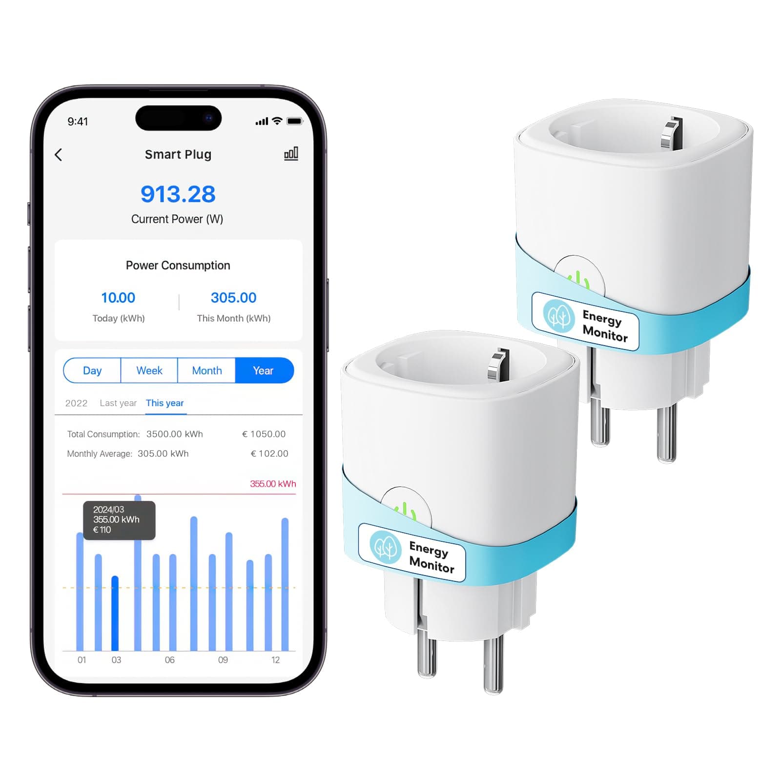 Meross Smart WLAN Steckdose mit Strommessung 16A, Zeitschaltuhr Steckdose mit Sprachsteuerung, Fernzugriff, Smart Home WiFi Steckdosen kompatibel mit Alexa, Google Home, SmartThings, 2er