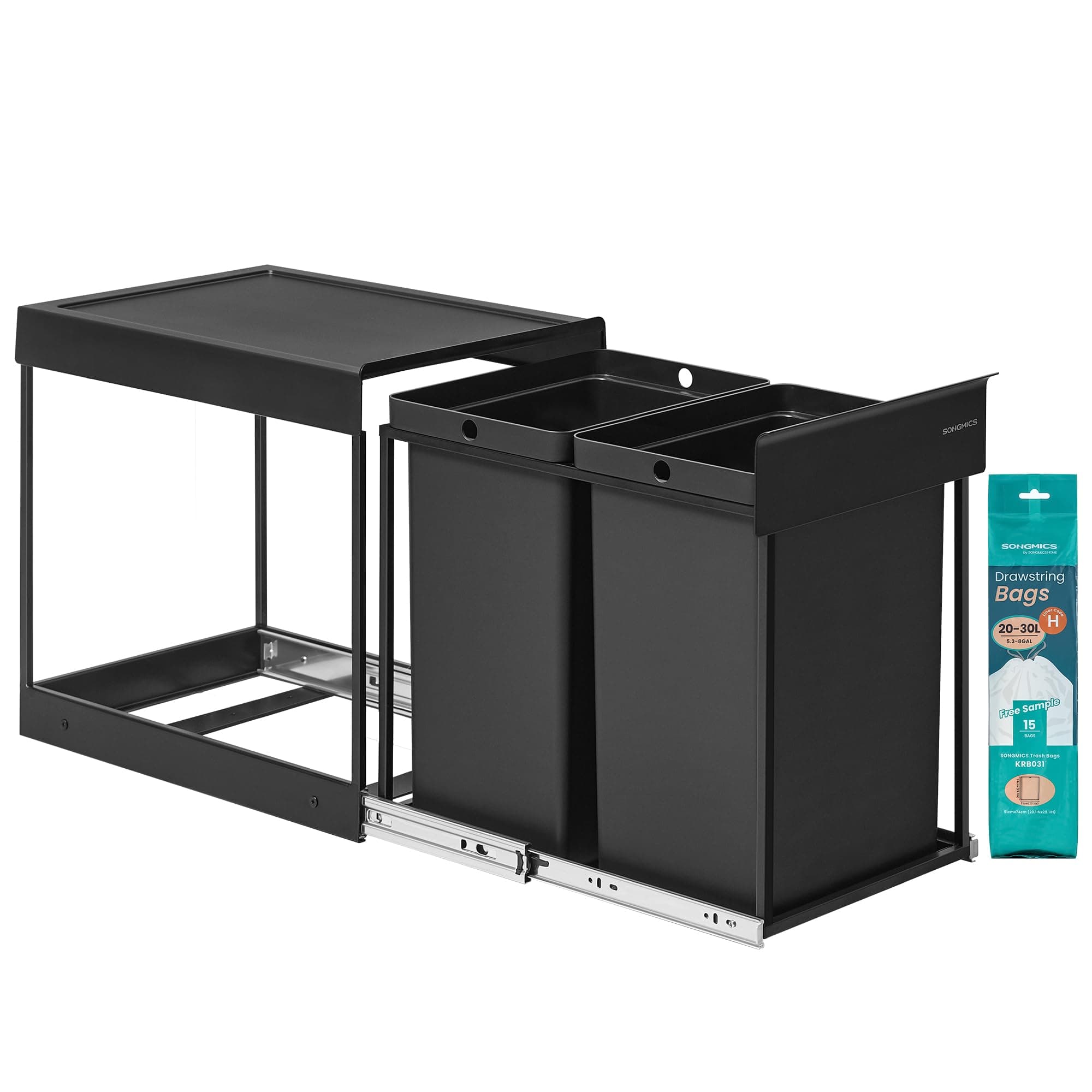 SONGMICS Pattumiera da Cucina per Raccolta Differenziata, Cestino da Incasso per Mobile, 2 x 20 L Doppio Scomparto, Estraibile, Struttura in Acciaio, Coperchio in ABS, Nero Inchiostro LTB951B01