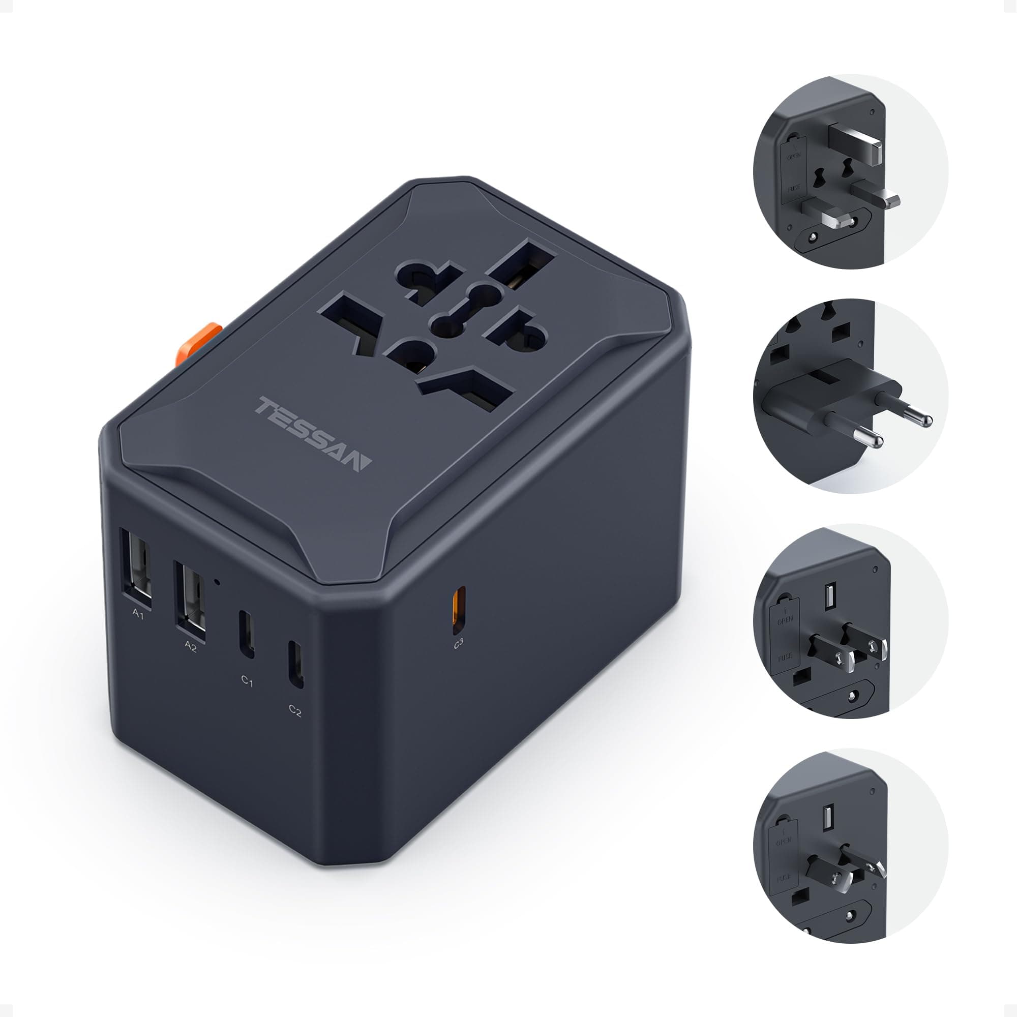TESSAN Adaptador Enchufe Universal Viaje con 5 USB, Cargador USB C Carga Rapida 65W GAN, Adaptador de Viaje para USA UK Japón China Irlanda Tailandia Australia Brasil México Suiza Argentina