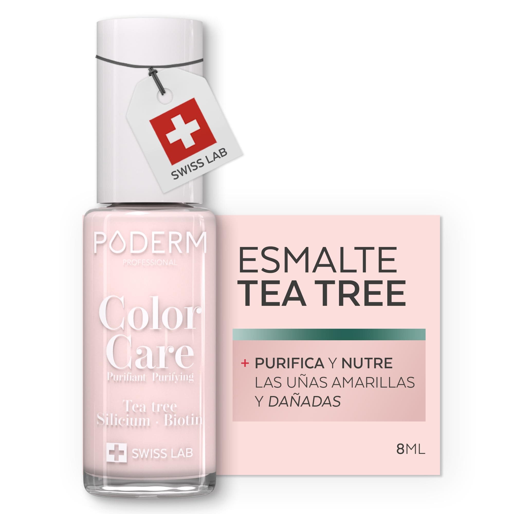 PODERM Esmalte Cuidado para Uñas con Tea Tree - Rubor Nude | Swiss Lab - 8ML | Enriquecido con Tea Tree, Silicio & Biotina | Purifica, Aclara & Nutre las Uñas Amarillas | Creado por una Podóloga