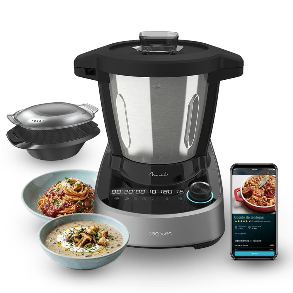 Cecotec Robot de Cuisine Multifonction Mambo 11090 Daily. Capacité 3,3 L, 37 Fonctions, 4 Préparations simultanées, Tactile, APP Mambo avec Livre de Recettes, Balance et Bol en Acier Inoxydable