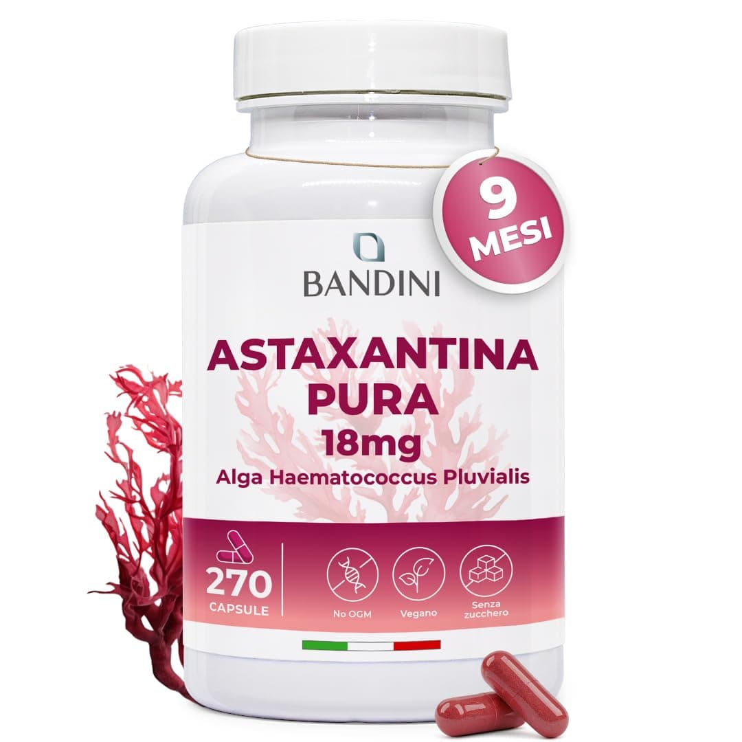 Bandini® Astaxantina pura 18 mg per capsula | 270 capsule - 9 mesi di scorta | Potente antiossidante naturale da alga Haematococcus Pluvialis - Natural Astaxanthine, Senza magnesio stearato, Senza OGM | (1 capsula al giorno), alga Haematococcus Pluvialis, astaxantina naturale, priva di magnesio stearato, senza OGM, 100% vegano