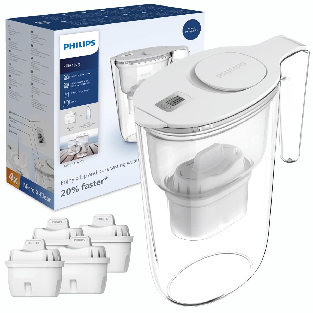 Philips Water Filtro de jarra + 4 cartuchos de filtro de repuesto, Filtración Avanzada, flujo rápido, temporizador electrónico, filtra CLORO, CAL, metales pesados y MICROPLÁSTICOS, capacidad 2,6 L