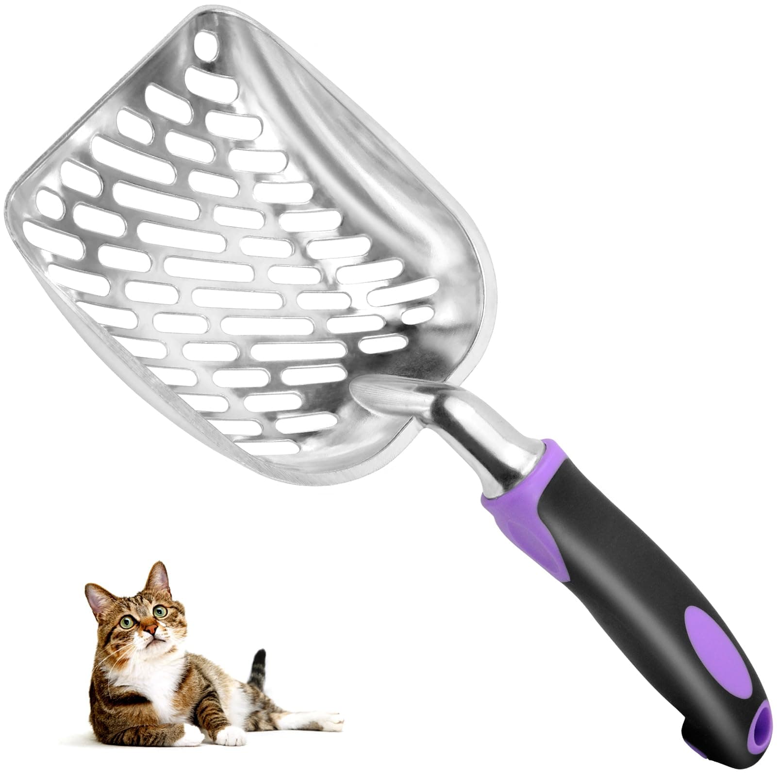 Pala de arena para gatos – Pala de metal para arena para gatos – Pala de mango largo, pala para arena para gatos – pala de malla para arena para gatos (morado)