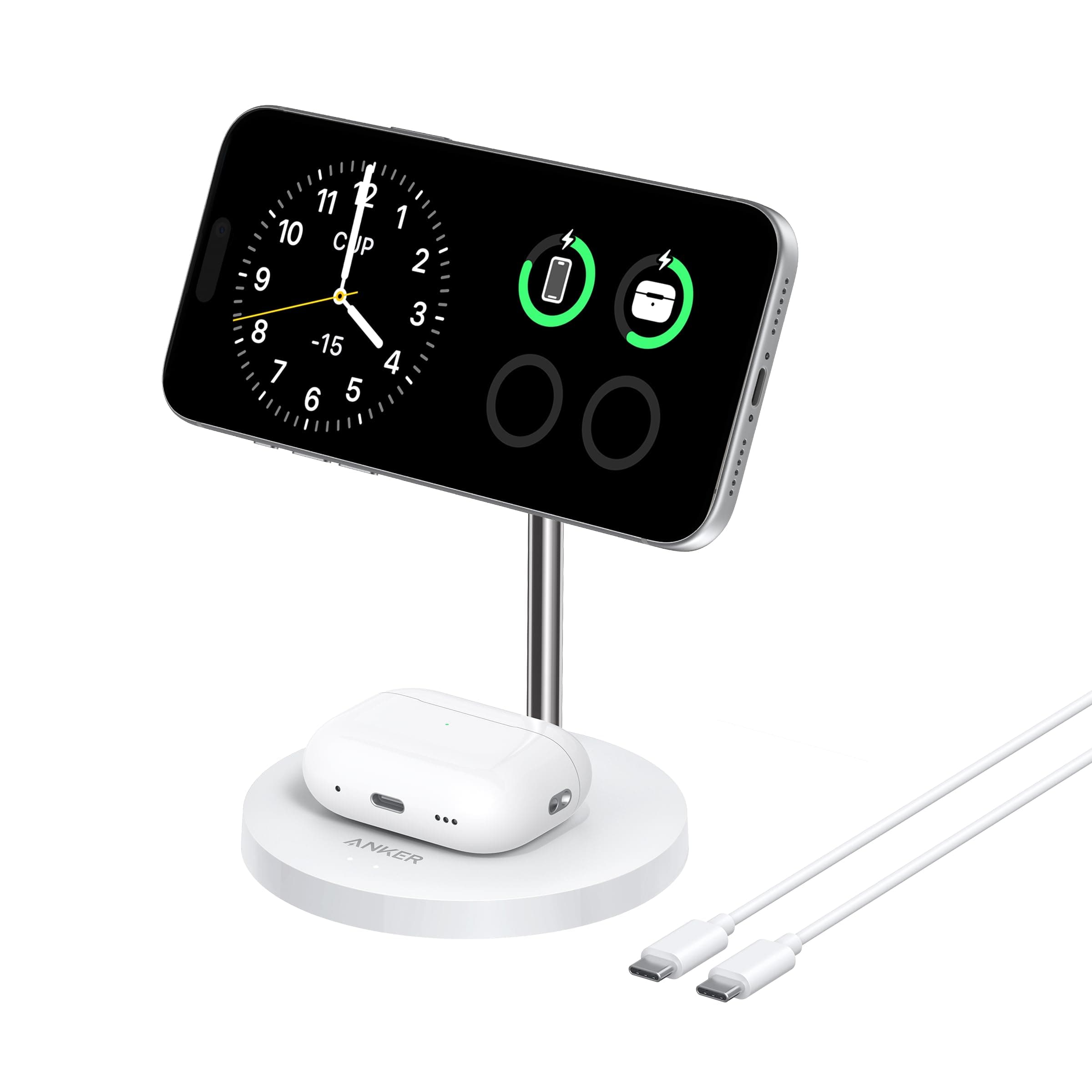 Anker MagGo 15W Magsafe Ladegerät kompatibel, 2-in-1 Induktive Ladestation, Qi2 Wireless Charger für iPhone 17/16/15/14/13/12, AirPods Pro, Mit 1,5m USB C Kabel, ohne Netzteil