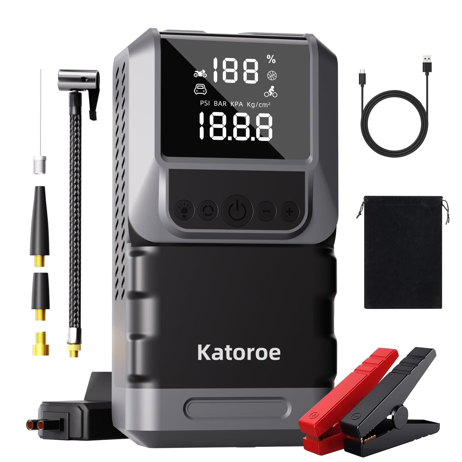 Arrancador de Coches 6000A con Compresor, 150PSI Inflador de Neumáticos, Arrancador de Baterias de Coche(10L Gasolina o 8L Diésel), 12V Jump Starter con Pantalla LED, Luz de Emergencia