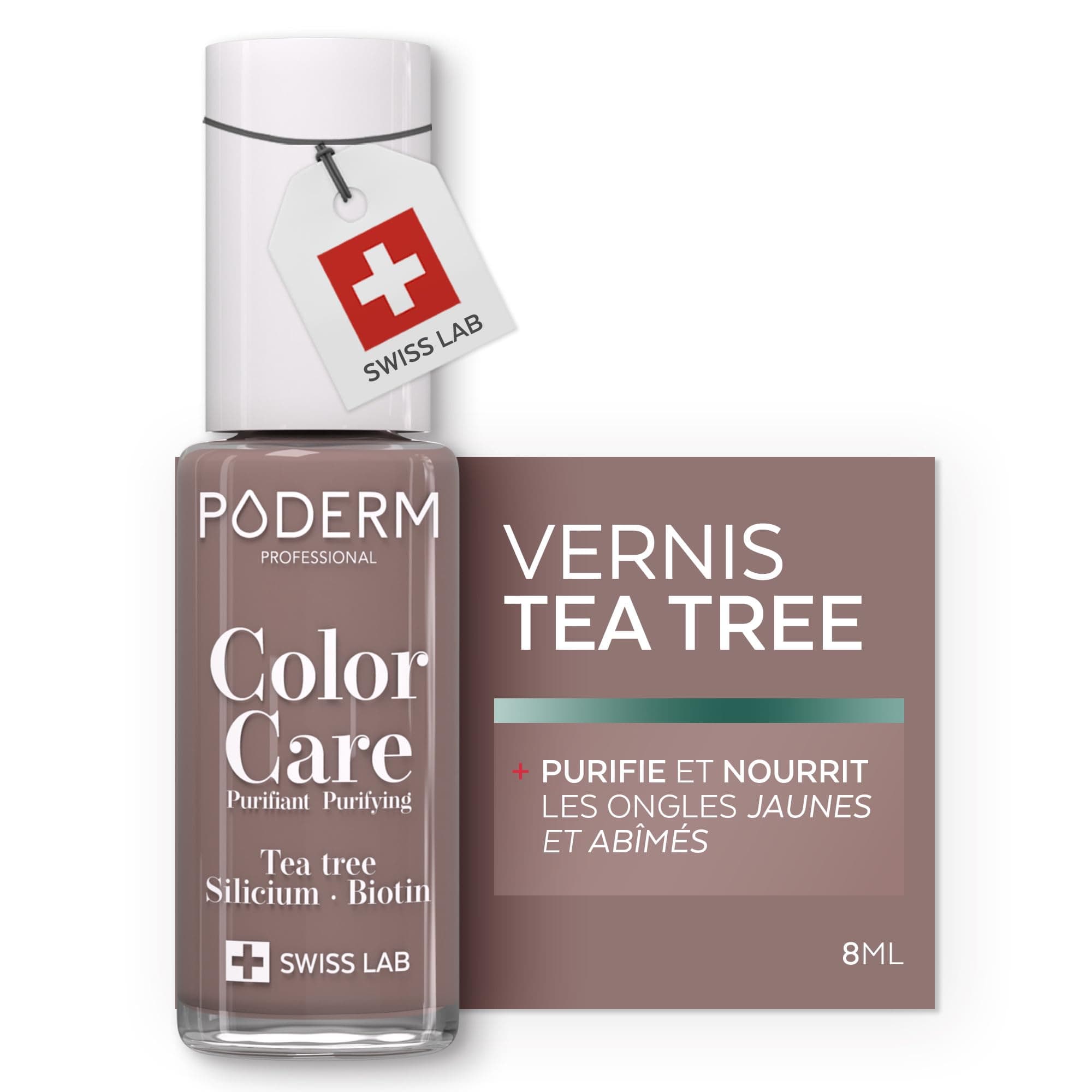 PODERM Vernis Soin au Tea Tree - Taupe | Swiss Lab - 8ML | Enrichis en Tea Tree, Silicium & Biotine | Purifie, Clarifie & Nourrit les Ongles Jaunes et Abîmés | Créé par une Podologue
