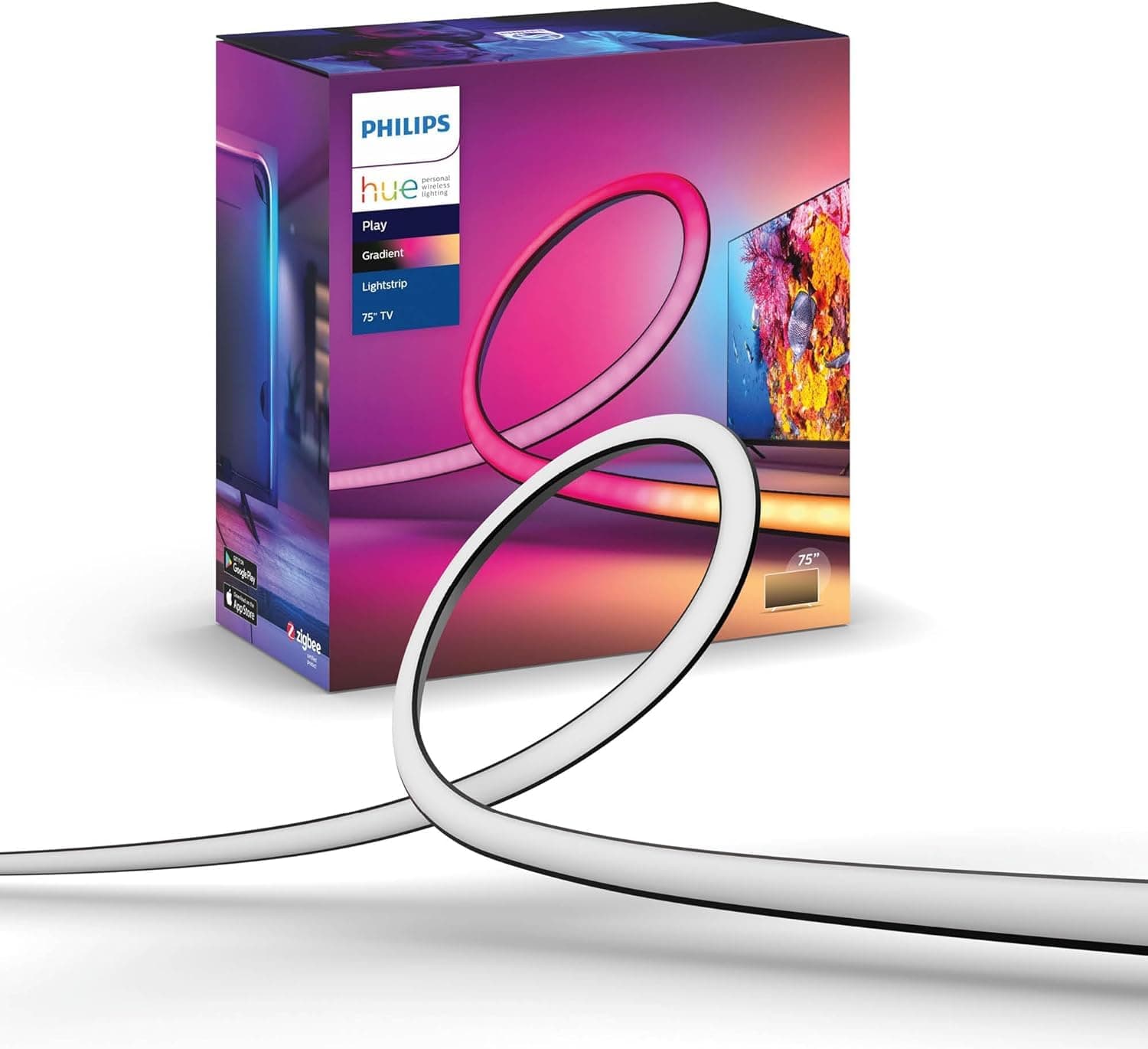 Philips Hue Lightstrip Play Gradient pour TV 75 pouces, Bande ambilight pour synchronisation de la lumière avec l'écran, Bande LED compatible Alexa, Google Assistant et Apple Homekit