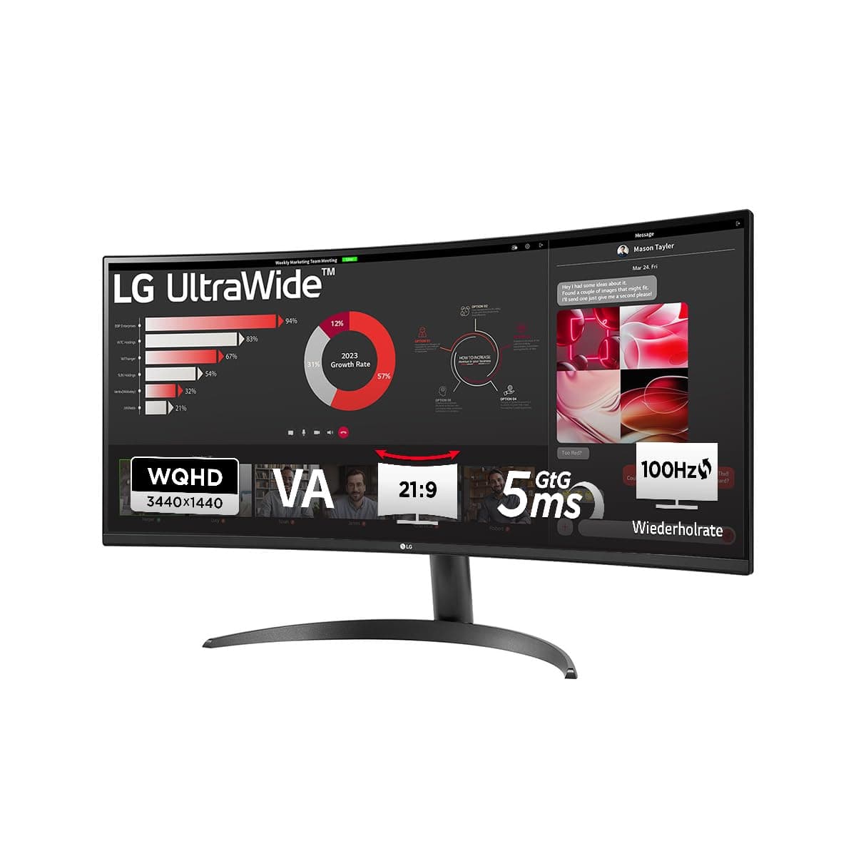 LG UltraWide™ 34WR50QK-B 34 Zoll 21:9 Curved UWQHD VA Monitor, 100Hz, HDR10, 99% sRGB, 2X HDMI 2.0, 1x DisplayPort 1.4, Schwarz