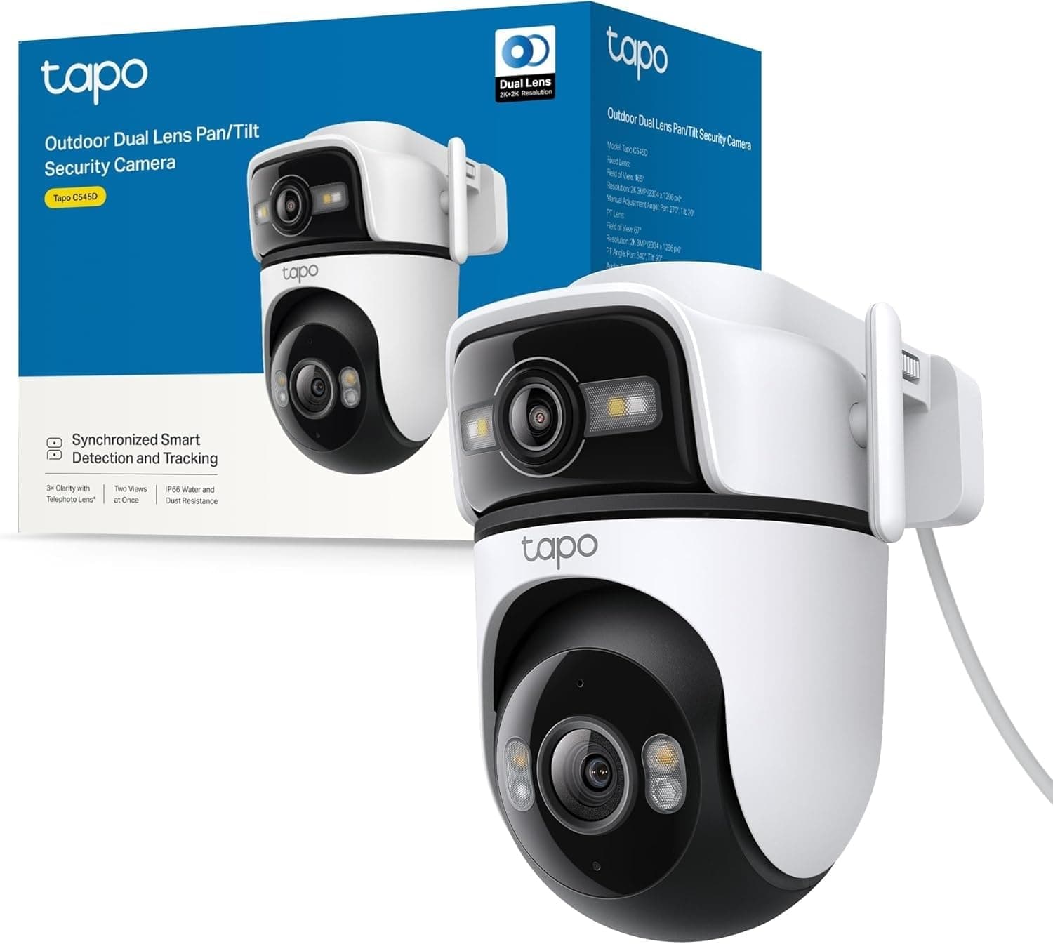 Tapo C545D - Cámara de Seguridad Exterior Wi‑Fi 2K Dual Lente Pan/Tilt con Seguimiento Inteligente, visión Nocturna a Color, detección IA de Personas/Mascotas/vehículos y Audio bidireccional