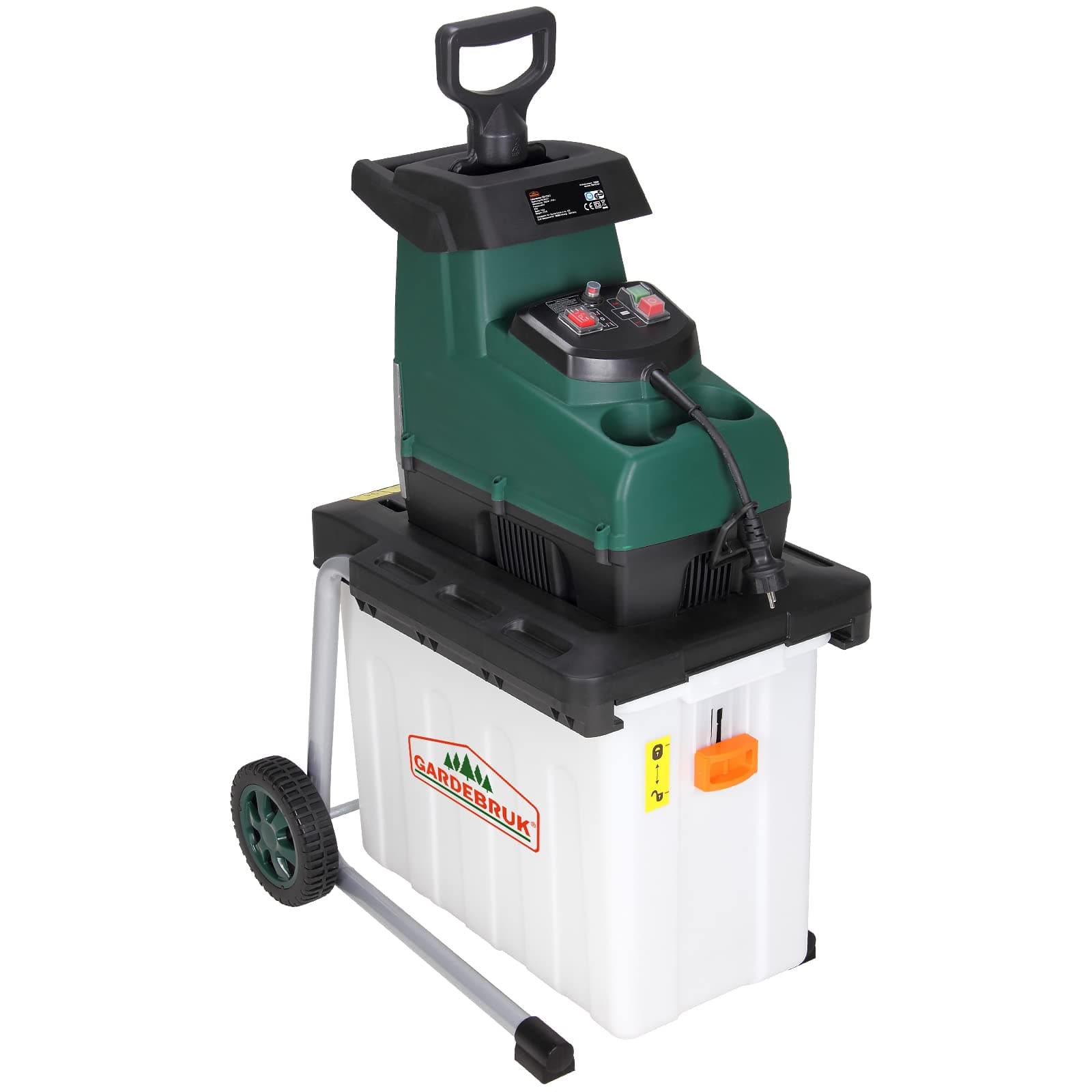 GARDEBRUK® Trituradora de Jardín Eléctrica, Tritura Ramas de 45mm, Hojas, Silenciosa, 3100W máx. Bolsa Recolección 60L, Residuos de Jardín, Herramienta Jardineria, Protección Sobrecarga