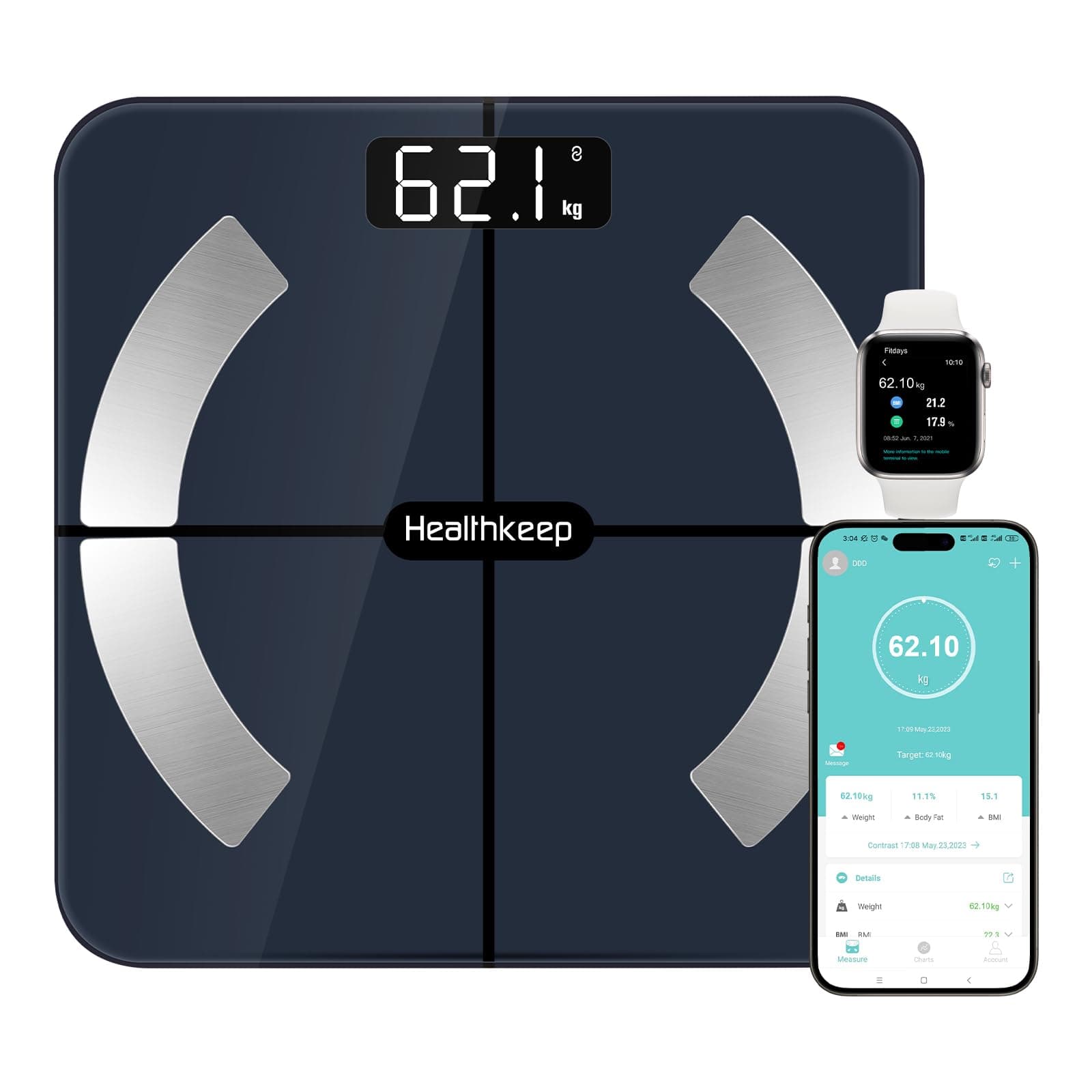 Healthkeep Bilancia Pesa Persona di Alta Precisione Bilancia Impedenzimetro Bluetooth Bilancia Collegata con App 13 Metriche Salute per Andriod e iOS Max 180kg/400lb/28st - Blu