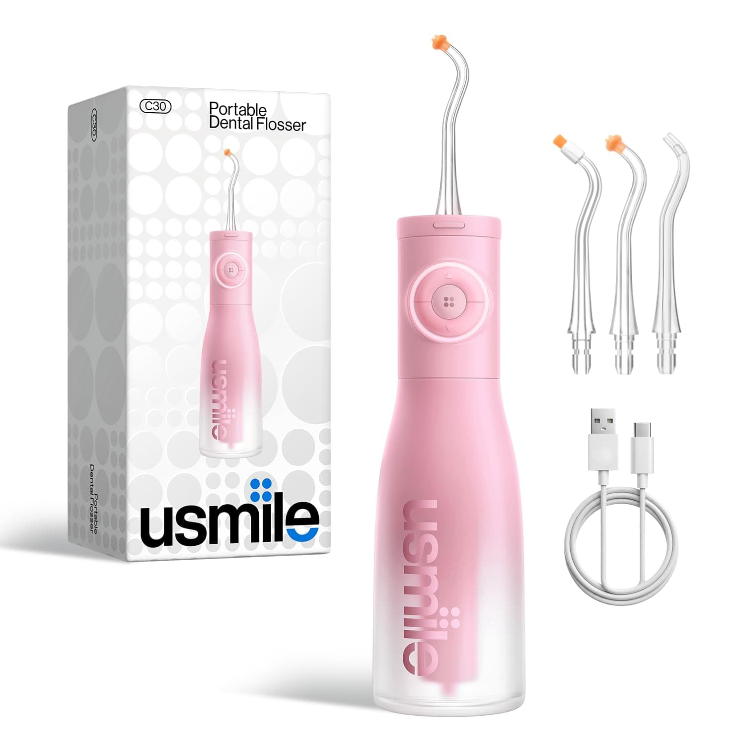 usmile C30 Irrigador Dental Portátil Inalámbrico, Depósito de 300 ml, 5 Niveles de Presión, Boquillas para Ortodoncia e Invisalign, Recargable USB-C, IPX7 Impermeable, Rosa