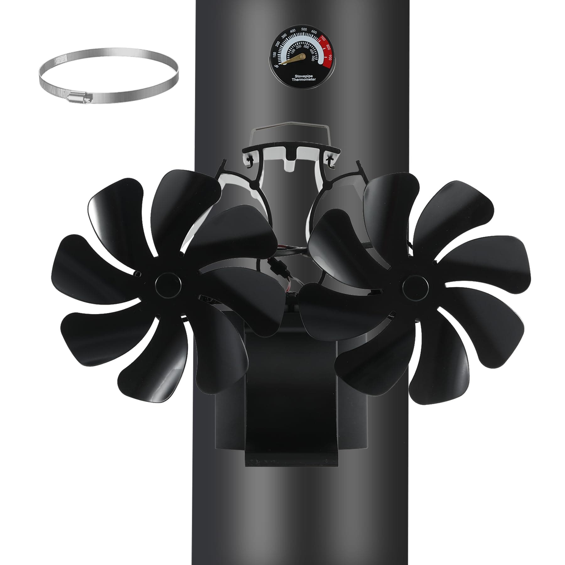 HAWCAFU Ventilateur de cheminée magnétique 3 en 1, sans électricité, avec thermomètre pour bois/bois de chauffage/foyer/tuyau de poêle avec anneau de rechange