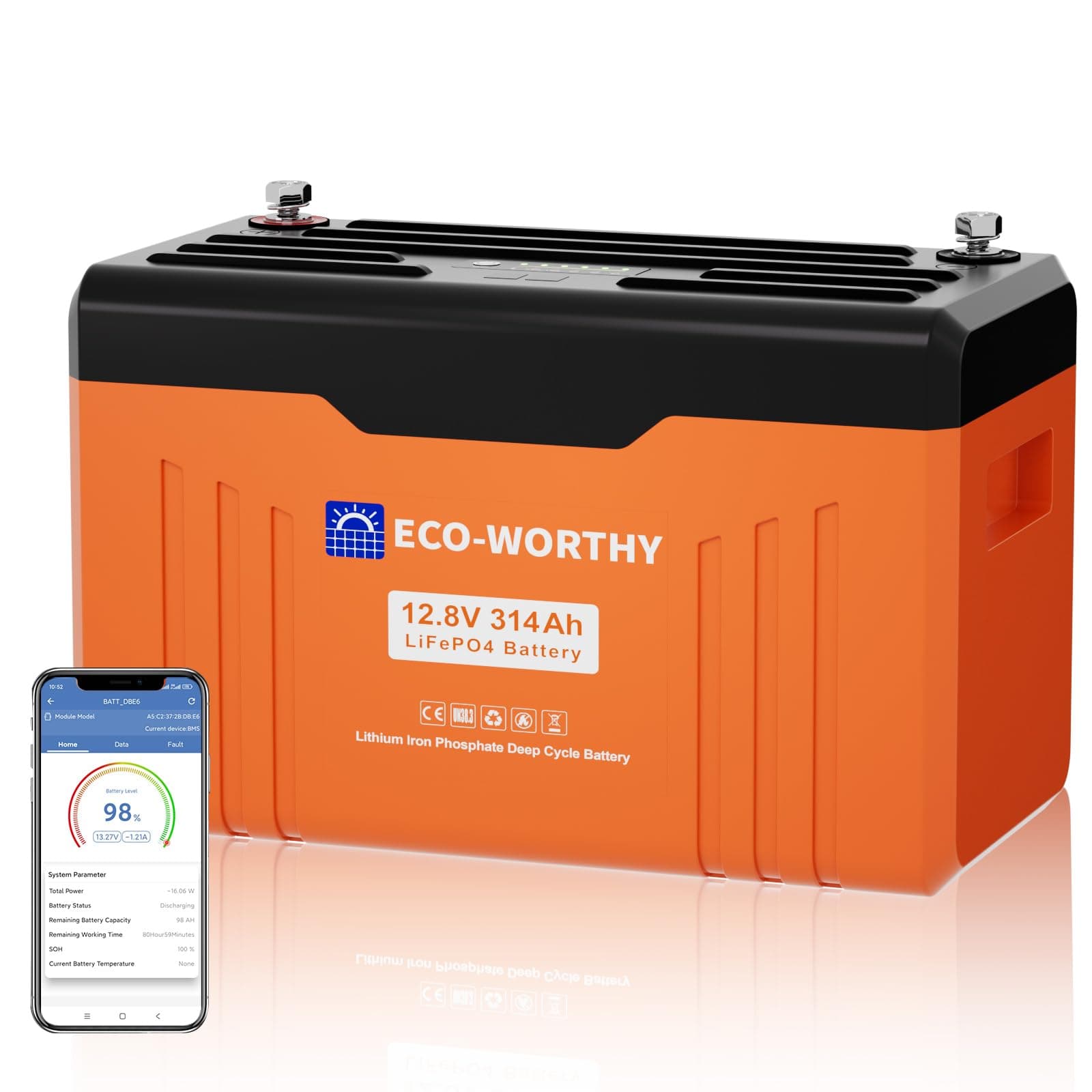 ECO-WORTHY Batterie Lithium 12V 314Ah EnergyTrek Bluetooth avec écran, Batterie lifepo4 avec 200A BMS Protection Basse température, pour Camping-Car, pêche à la Ligne, caravanes, système Solaire