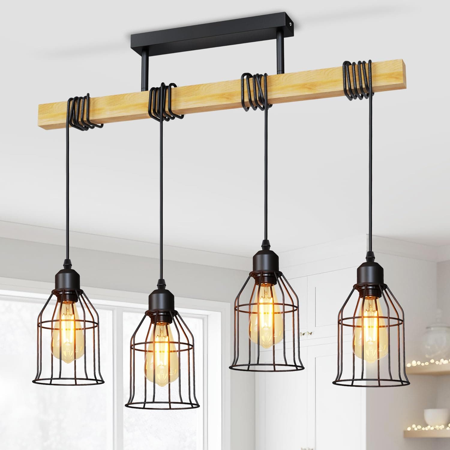 LVWIT Lampara de Techo Colgante Negro, Lampara Comedor Techo,Lámpara de Techo Vintage, Lámparas Colgantes con 4 Luces E27,Ideal para Cocina,Salon,Dormitorio,Bar,Restaurante(Sin Bombills)