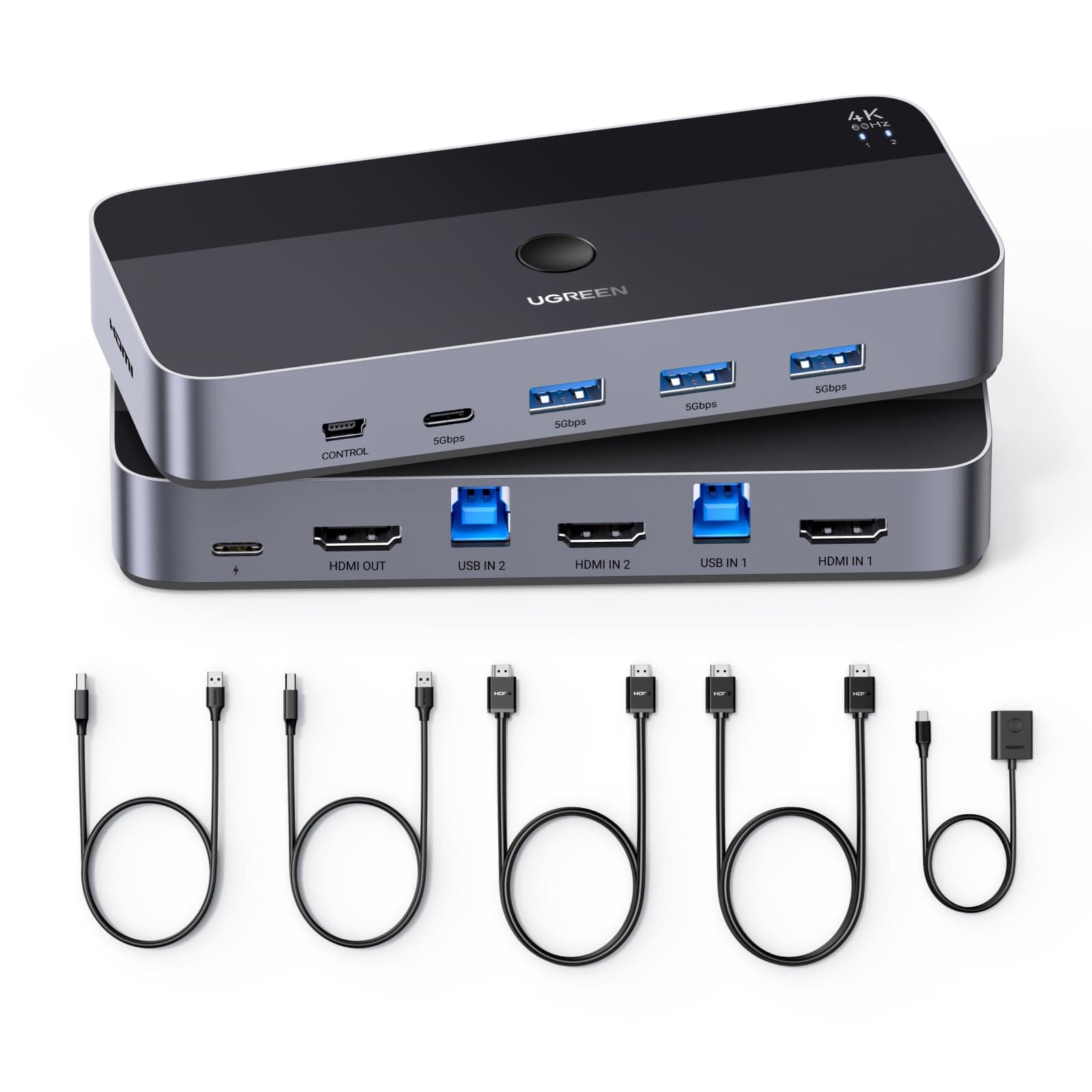 UGREEN HDMI 2.0 KVM Switch 4K@60Hz USB 3.0 Switch 4 Ports (3*USB 3.0+ USB C) Sharing 1 Monitor und Tastatur, Maus, Drucker, U disk für 2 PC mit 2 USB Kabeln und 2 HDMI Kabeln.