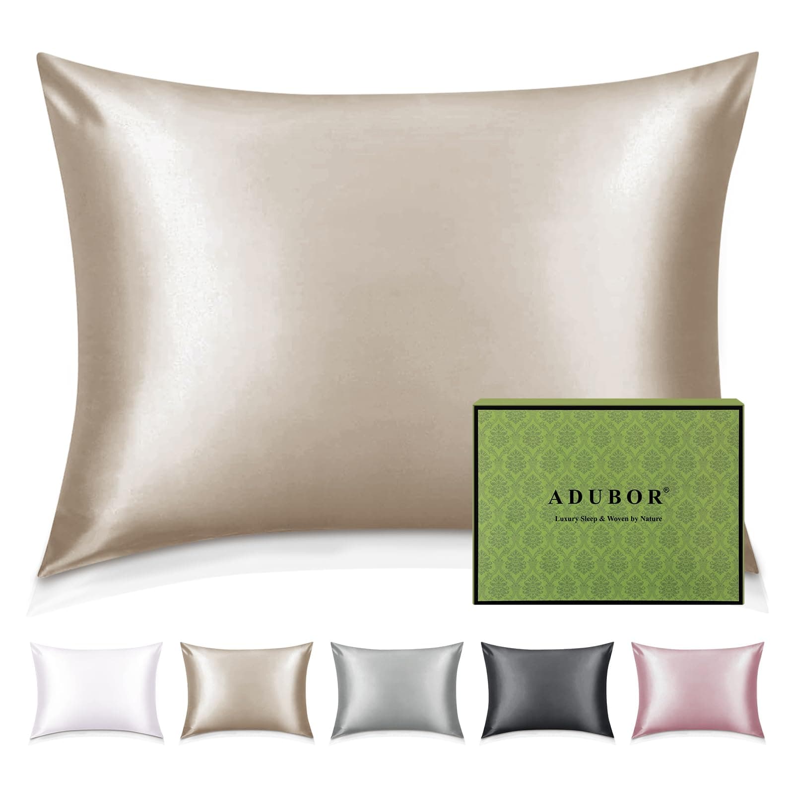 Adubor Taie Oreiller 100% Soie, 22 Momme Soie de Mûrier, Grade 6A, Taie d'oreiller Soie pour la Santé des Cheveux et de la Peau, avec Fermeture Éclair Dissimulée (50 × 70cm, Beige, 1 pièce)