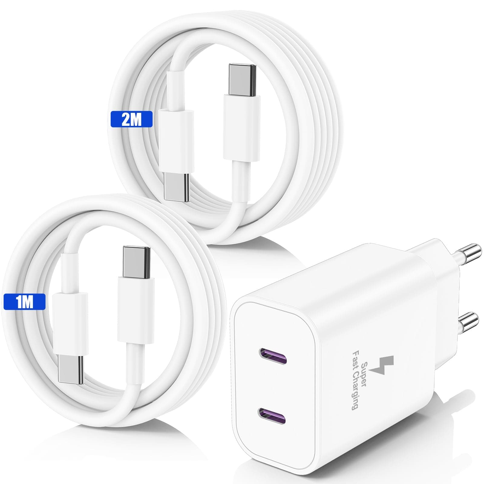 45W USB C Chargeur Rapide pour iPhone 17 16 15 Pro Max,2-Port Chargeur Usbc Apple avec 1M+2M Câble USB C pour iPhone 17 16 15 Pro /17 Air/17E/15 16 Plus/iPadPro/Samsung Galaxy S25/S24/S23 Ultra-Blanc