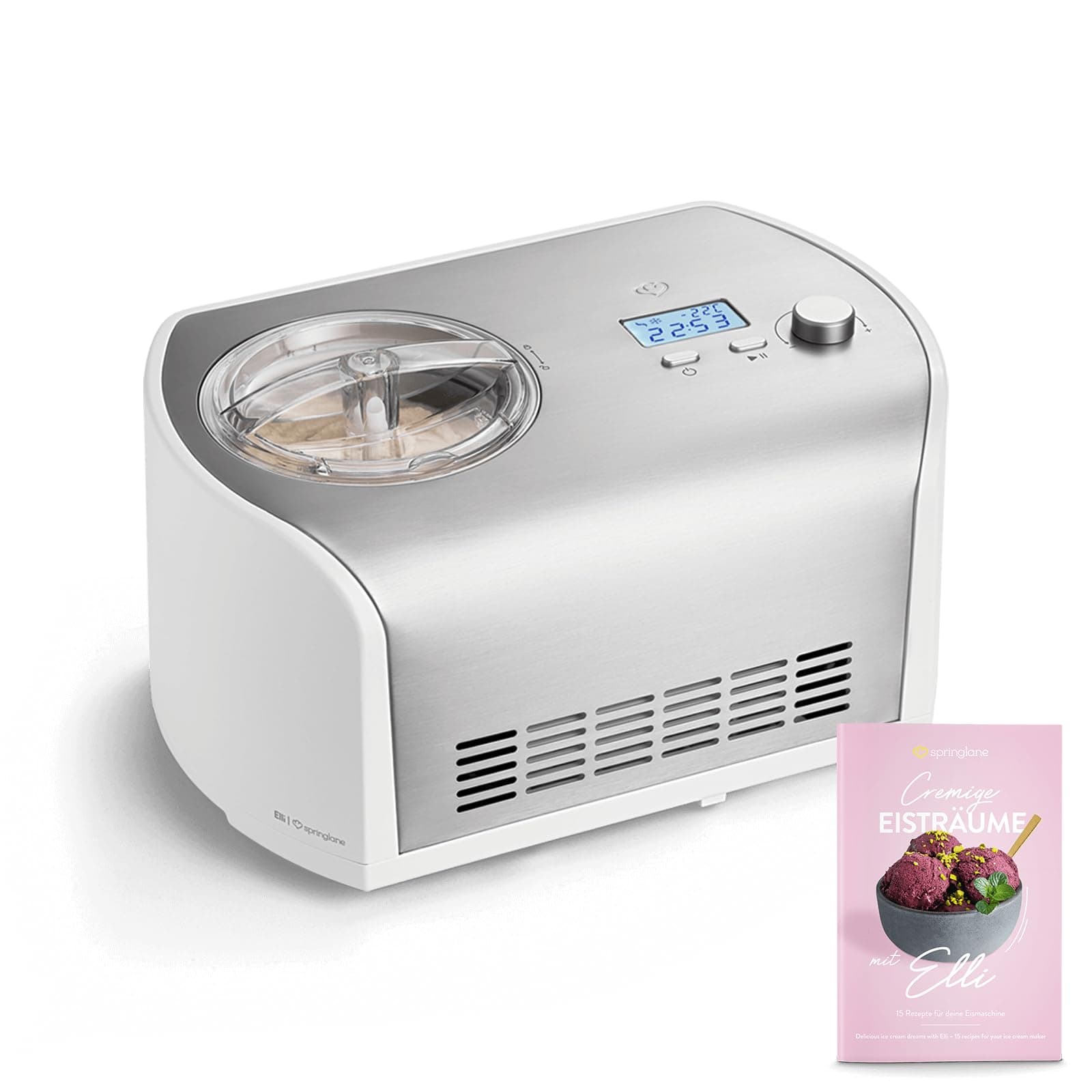 SPRINGLANE Sorbetière Elli 1,2 L avec compresseur auto-refroidissant 135 W, sorbetière en acier inoxydable avec bac à glace amovible (Argent, Machine)