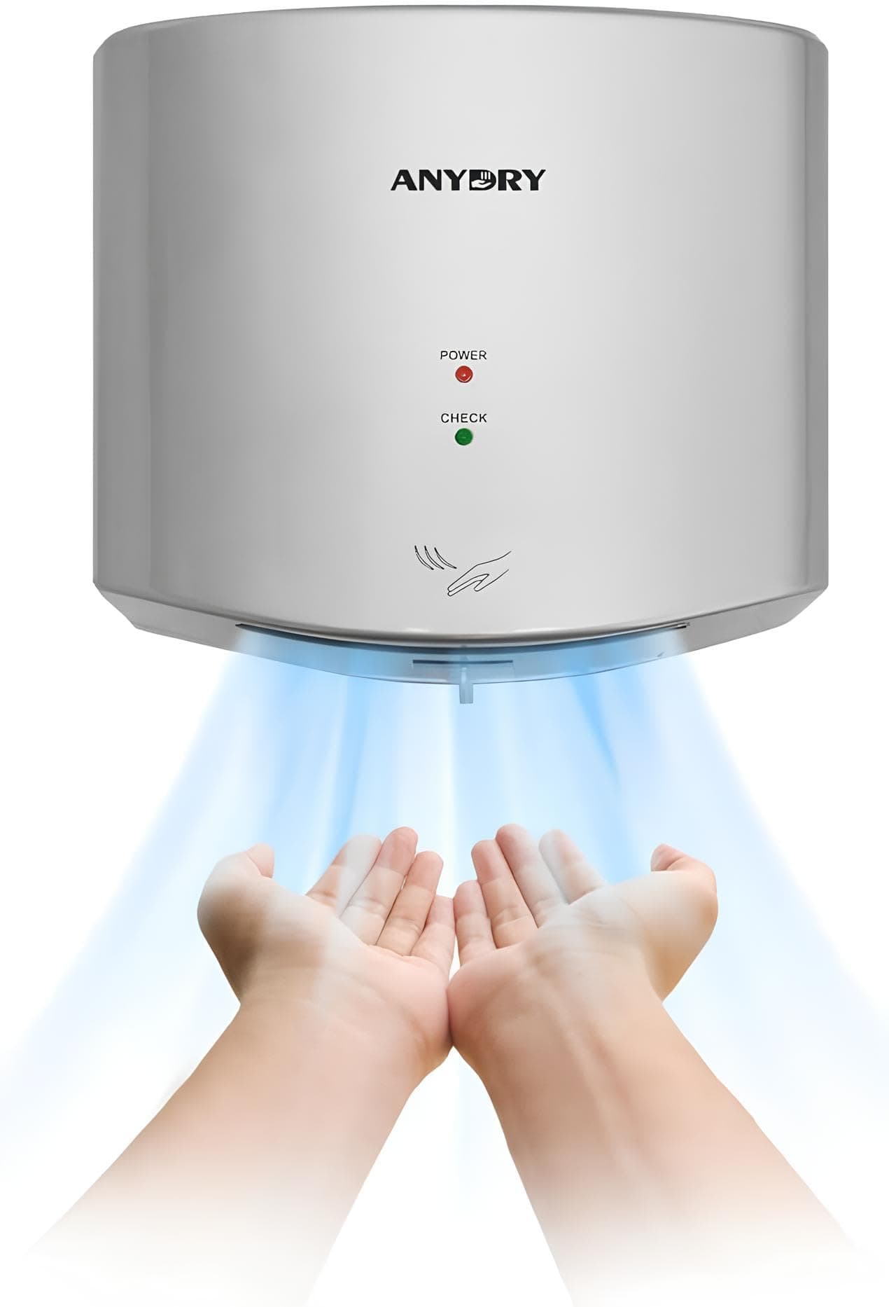 anydry 2630S Asciugamani Elettrico con fotocellula, Compatto Asciugamani ad Aria, Asciuga Mani Automatico Professionale a Parete, Guscio in plastica ABS, 1400-1650W.(Argento)