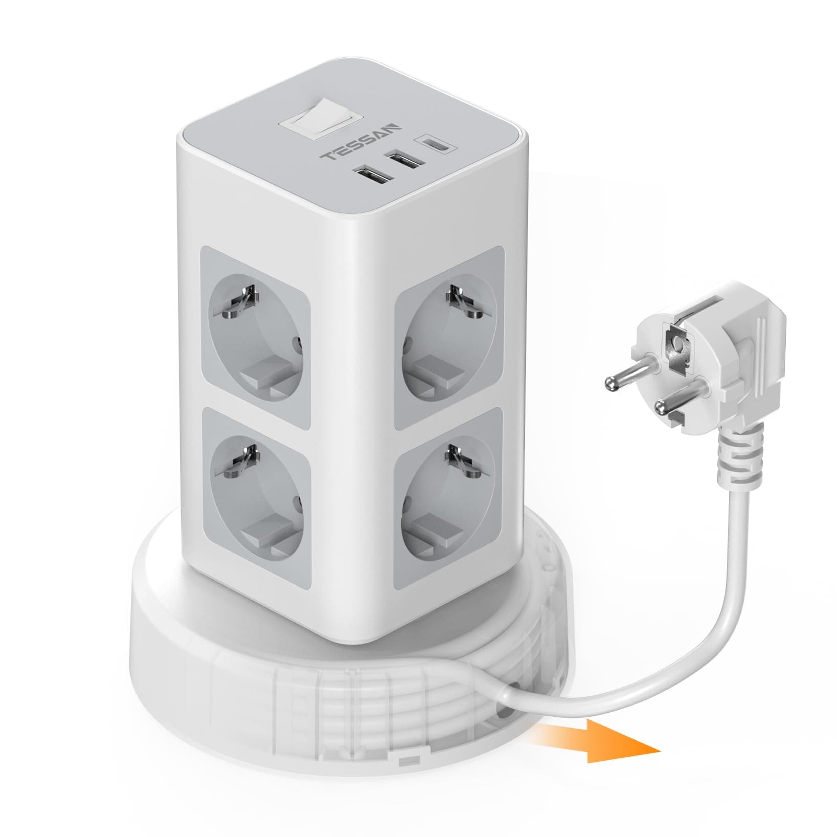 TESSAN Tour Multiprise avec Interrupteur, Rallonge Electrique 2M avec USB C | Prise Multiple, 2500W, 8 Prises Secteur, 2 USB-A & 1 USB-C, Pour Maison Bureau, Gris
