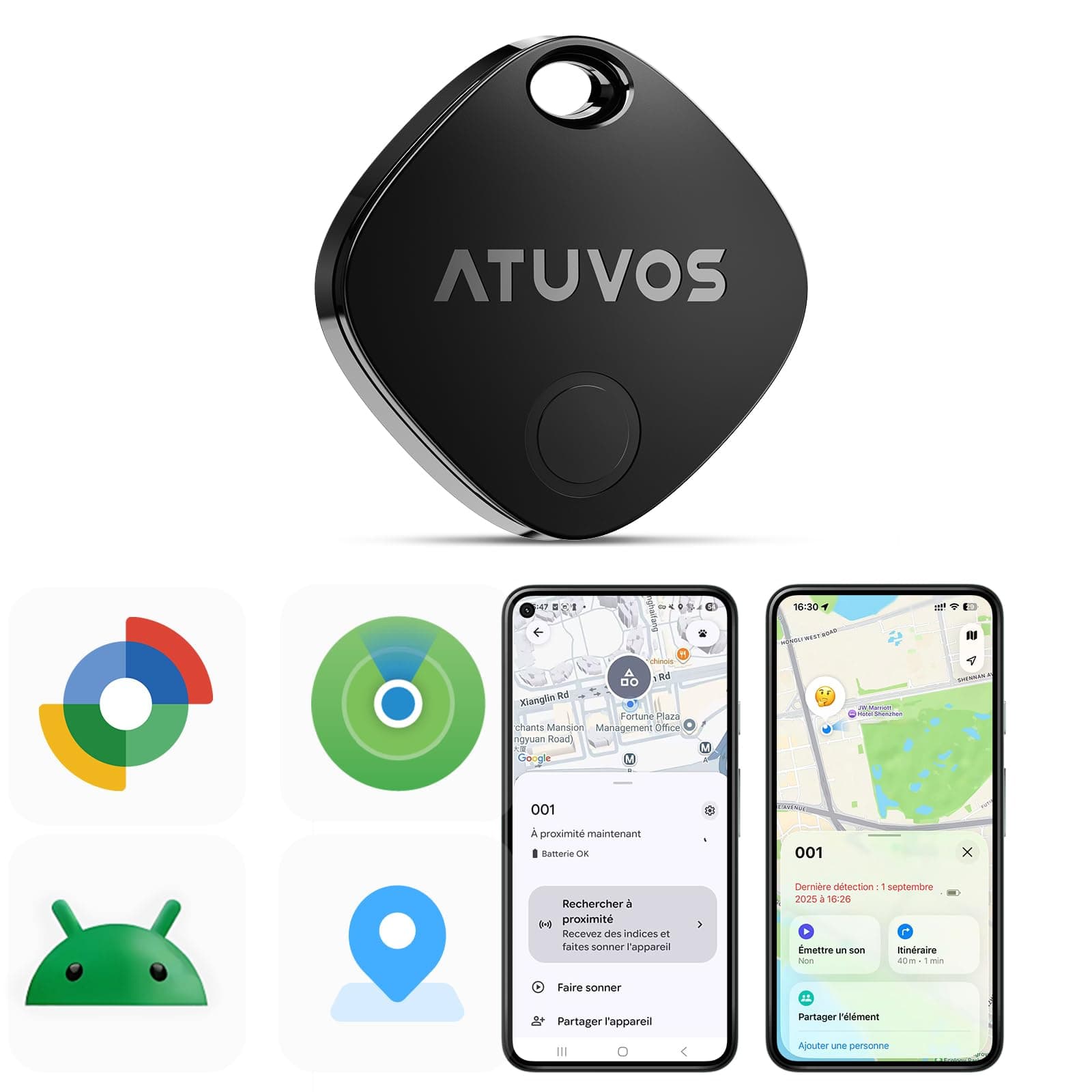 ATUVOS Android Smart Tracker Air Tag Traceur Lot de 1, Fonctionne avec l’app Google et Apple Localiser,IP67 Imperméable, Localisateurs D'Objets Bluetooth pour Les Clés/Portefeuilles/Valises/Sacs