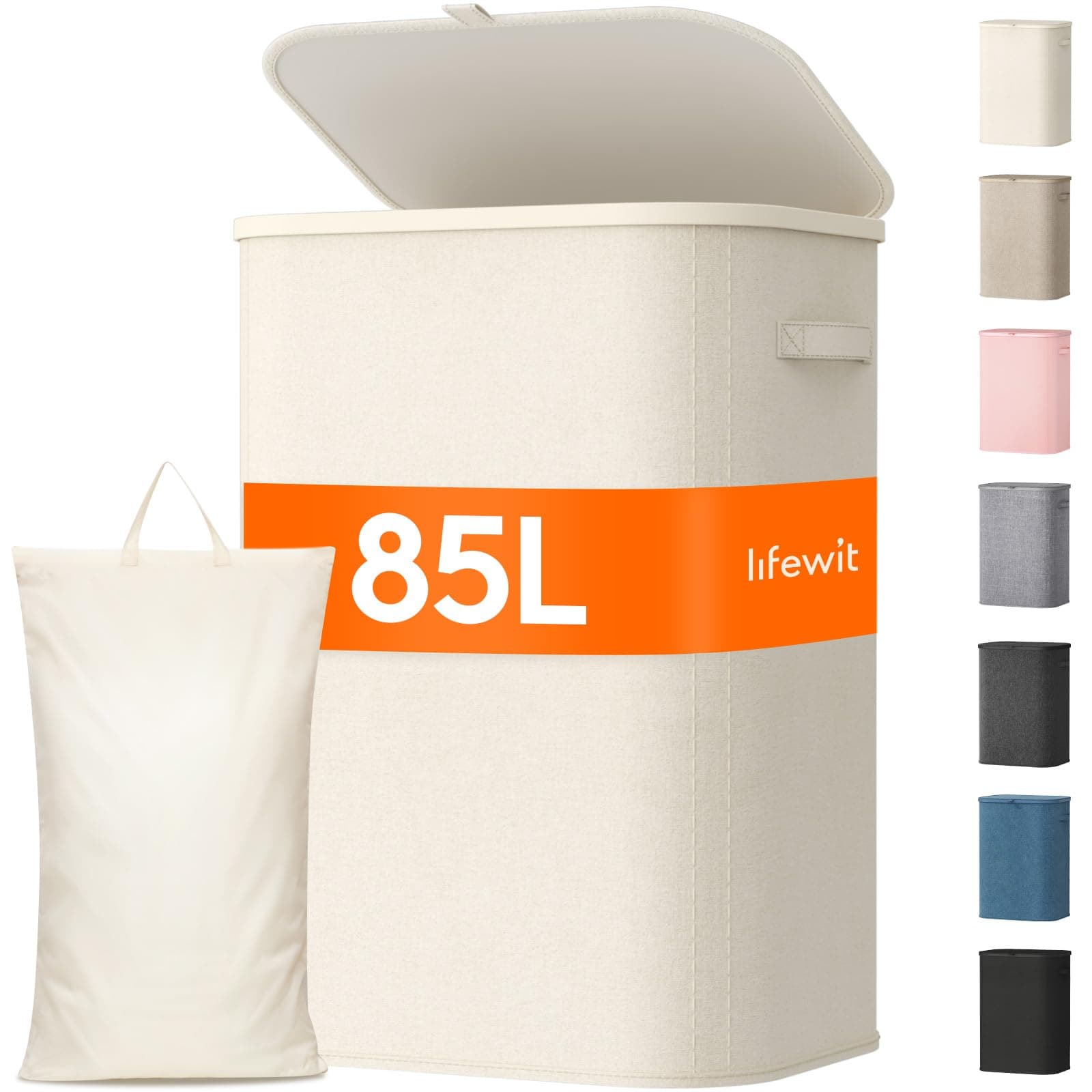 Lifewit Panier Linge Sale, Bac Linge avec Couvercle, Corbeille Linge avec Plastique Poignées et Sac Linge, Laundry Basket pour Buanderie, Chambre, Salle de Bain, 85 L, Blanc