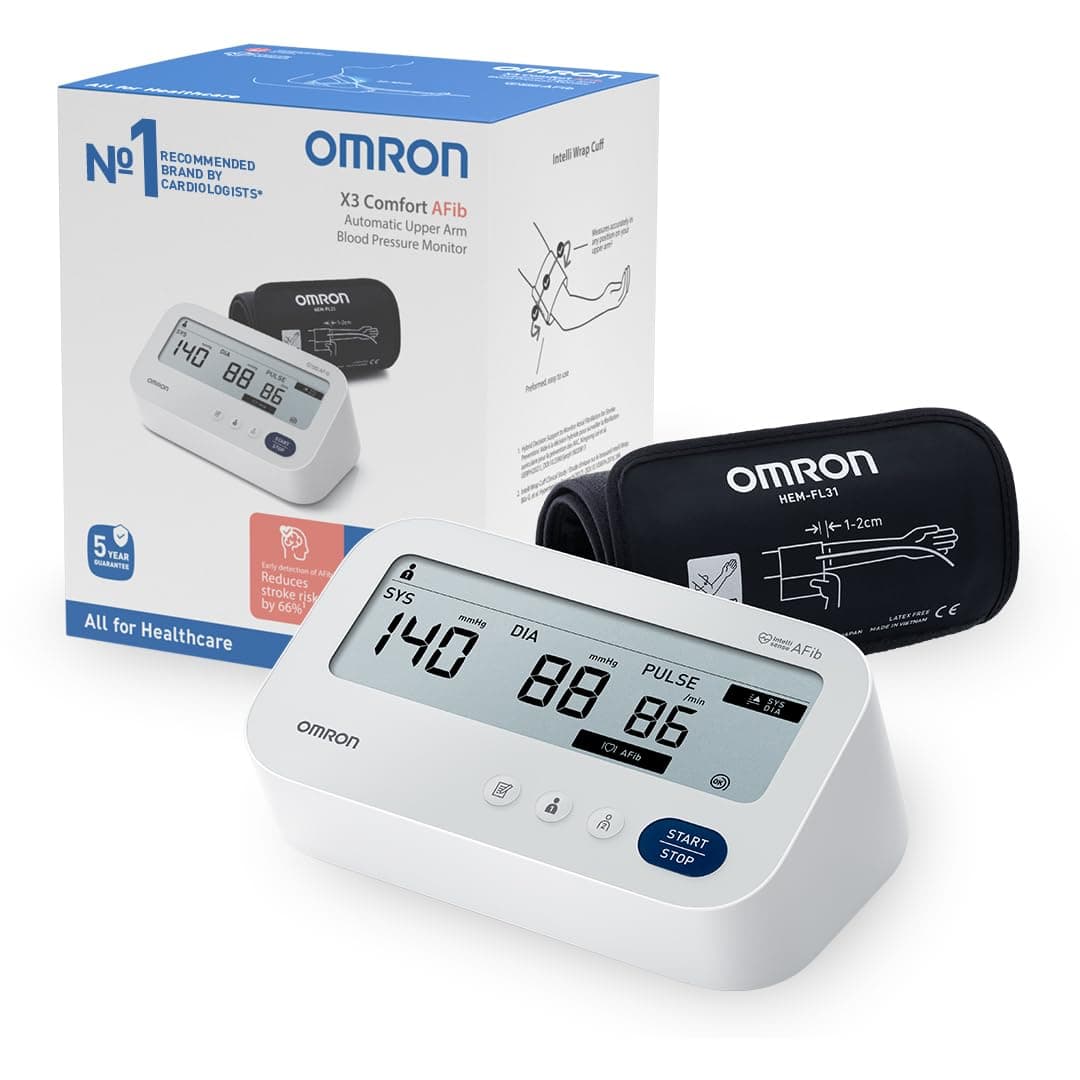 OMRON X3 Comfort AFib Appareil tension artérielle bras – Tensiomètre brassard validé cliniquement – Tensiomètre Bras OMRON avec détection de la fibrillation auriculaire (AFib), mémoire 2 personnes