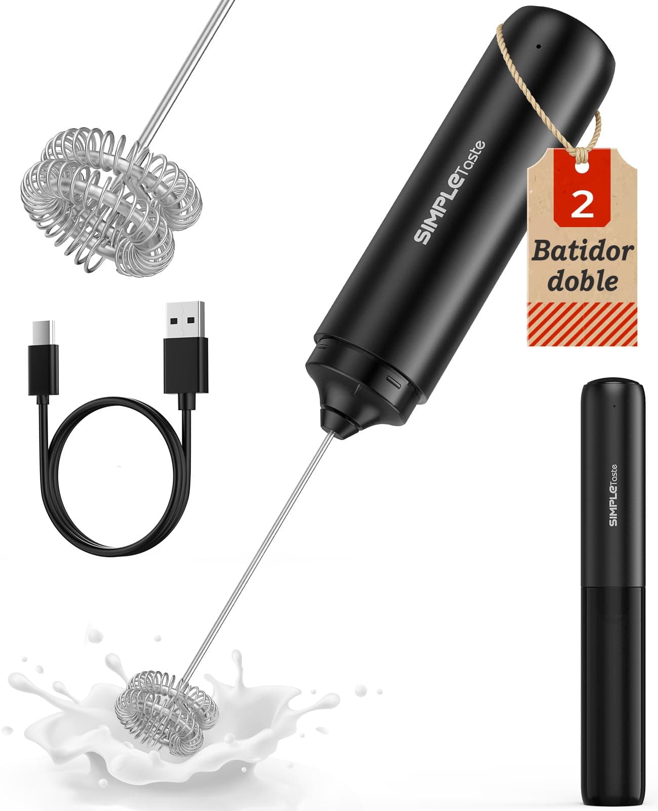 SIMPLETASTE Espumador de Leche Eléctrico de Mano | USB-C Recargable, Batidor Doble Espiral, Cabezal Acero Inoxidable, Bajo Ruido, Compacto Ligero, Ideal para Capuchino, Latte