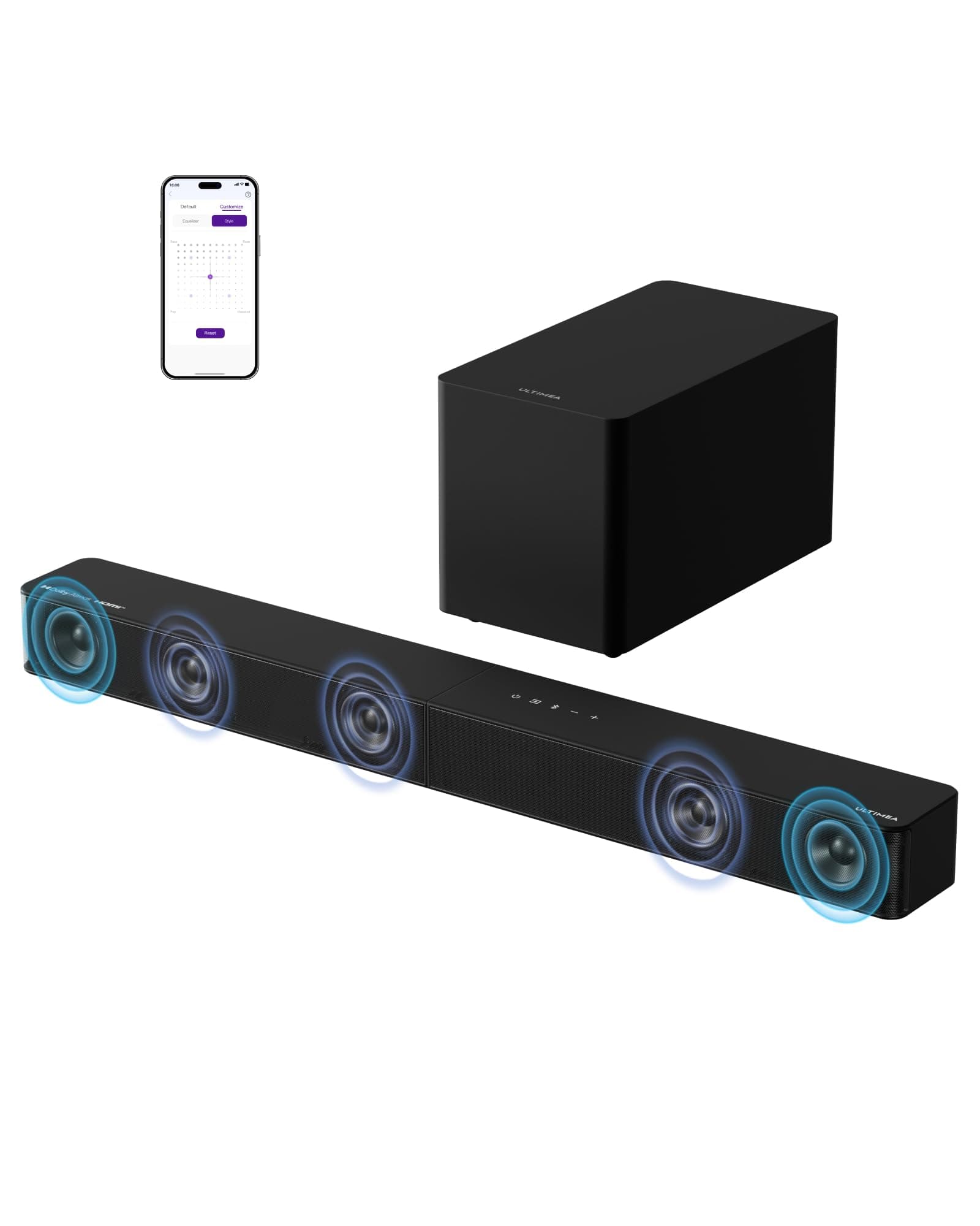 ULTIMEA 5.1ch Soundbar mit Dolby Atmos, VoiceMX, BassMX, APP, Heimkino 4D Surround Sound System, 340W Soundbar für TV Geräte mit Subwoofer, Bluetooth® 5.4, Poseidon M60 Boom