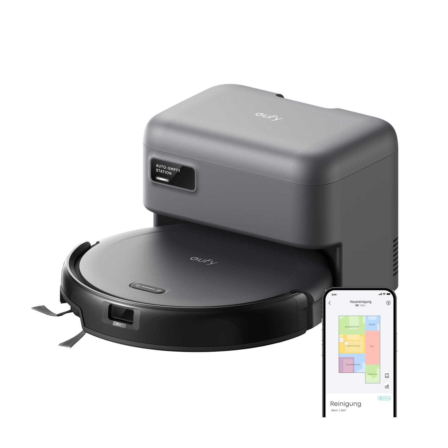 eufy C10 Saugroboter mit Automatischer Absaugstation, 7,3cm Ultraflaches Design, Teppichreinigung, Ausfahrbare Seitenbürste für Ecken, Automatische Entleerung, Punktlaser- & Infrarot-Navigation