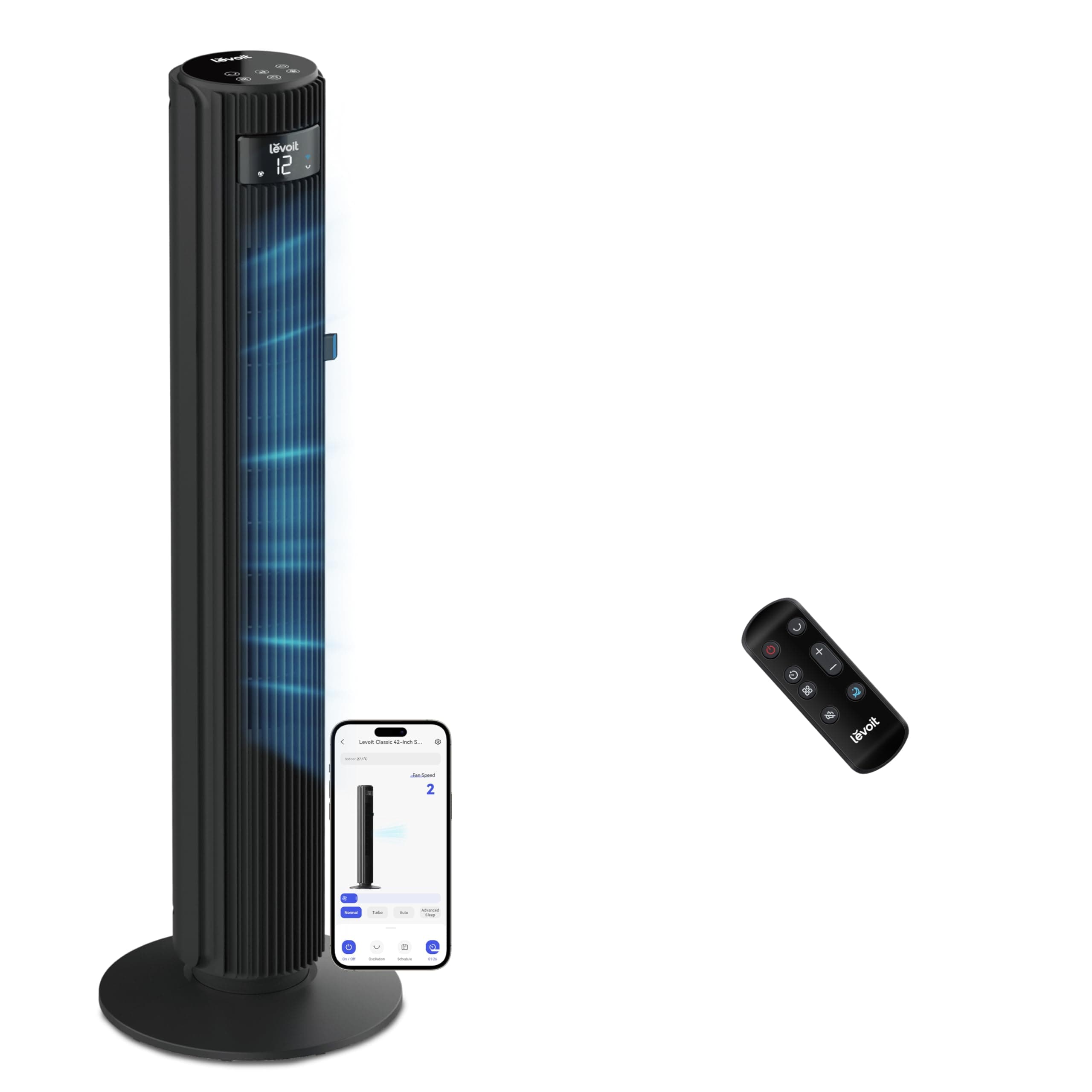 LEVOIT Ventilatore a Torre 108cm, Regolazione 60° Su-Giù, 90° Sinistra-Destra, Potente 7,9m/s per Camera da Letto, Stanza Grande, 1-24H, 4 Modalità , 12 Velocità , Nero Elegante, Wi-Fi| 7,9m/s| 108 cm
