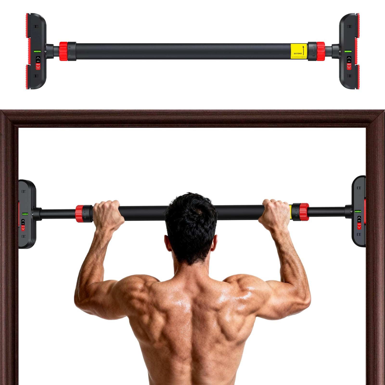 Barra de Dominadas sin Tornillos, Barra de Ejercicio para Pared, Ajustable 72-110cm, hasta 200 kg, Barra de Entrenamiento para Puerta Bloqueo Auto para Gimnasio en Casa Físico