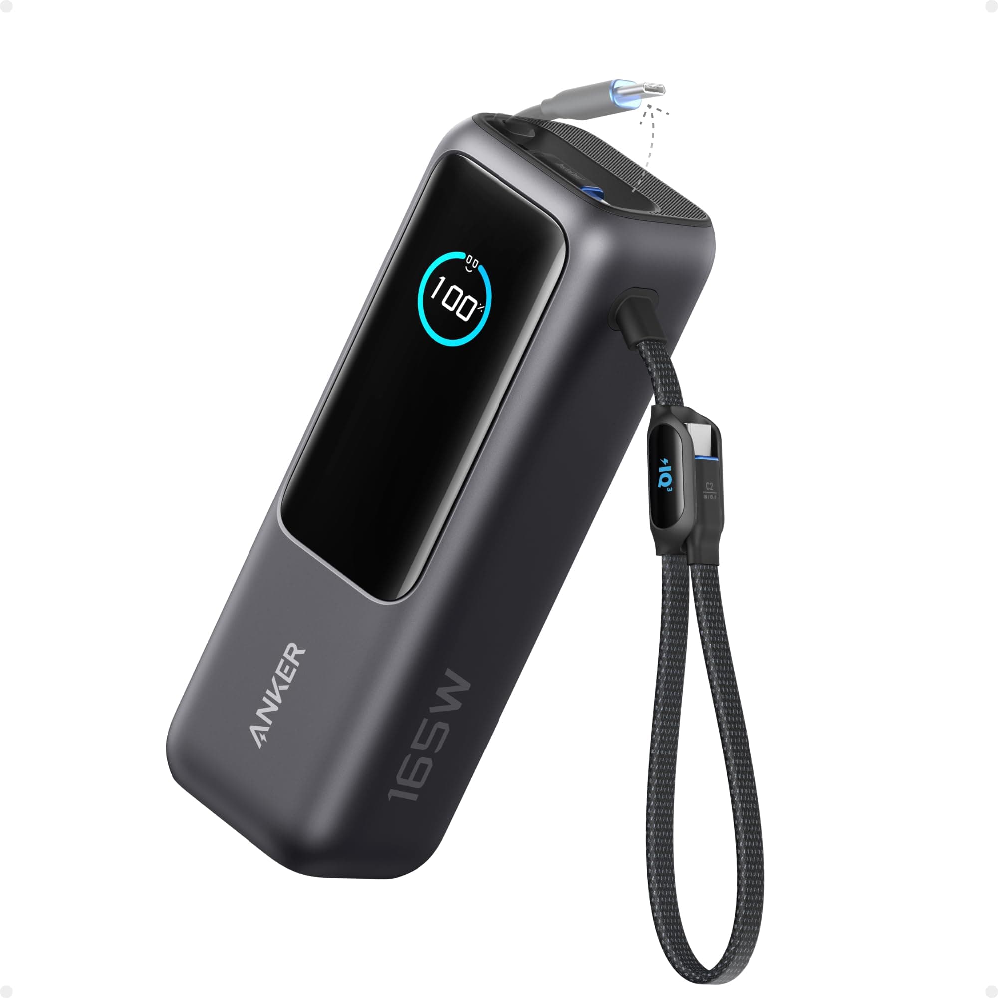 Anker 165W 25000 mAh Laptop Powerbank, Ladegerät mit 70cm ausziehbarem Kabel & Trageband, 3 USB-C Ports für Laden mehrerer Geräte, Für MacBook Pro, iPhone 17/16/15, Samsung und mehr (flugzeugtauglich)