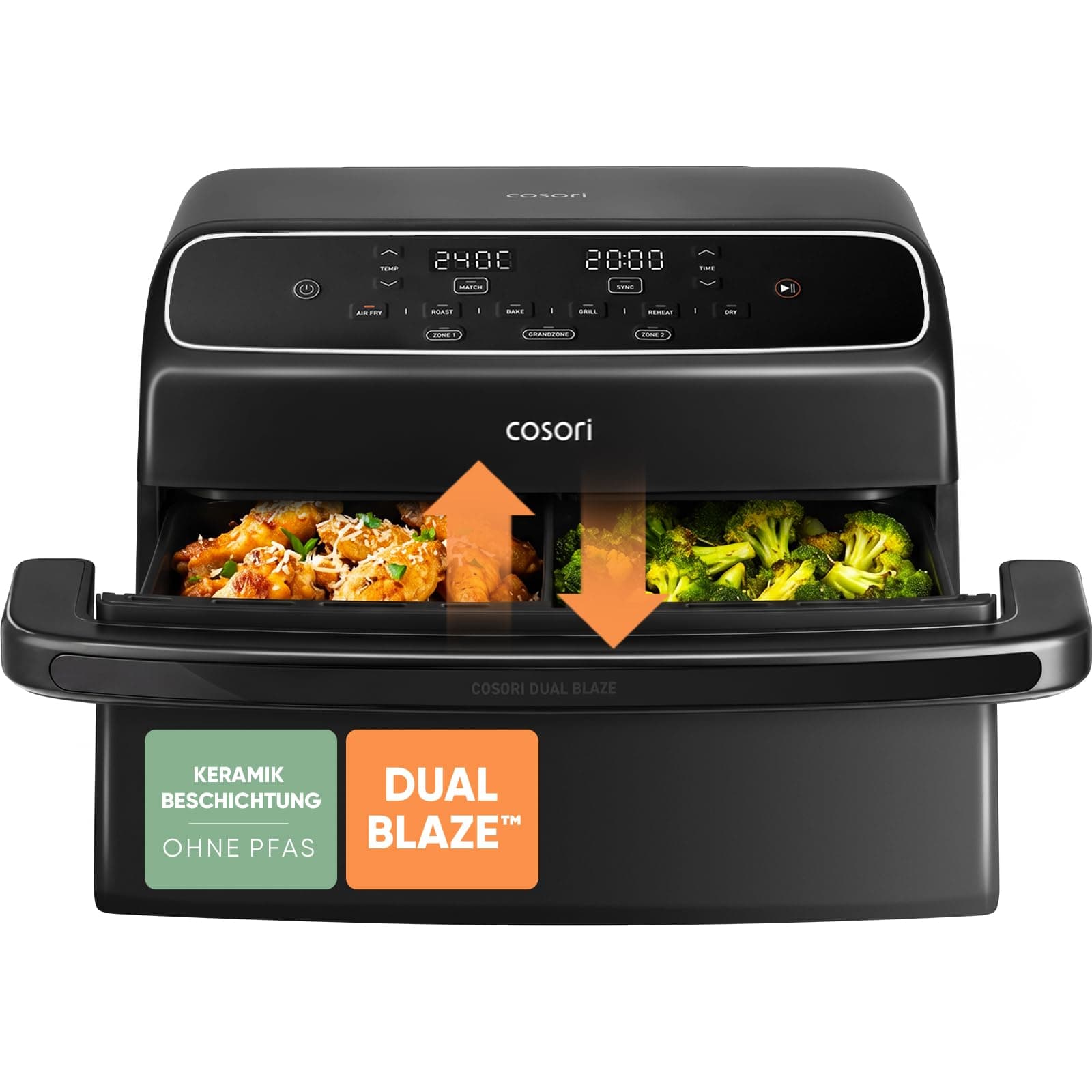 Cosori Airfryer, Neue Generation 2026, Dual Blaze Twinfry Compact, NTC Tech | PFAS-freie Keramikbeschichtung, Flexiblen Kammern mit 4 Heizrohren, 8,6L Heißluftfritteuse 2 Kammern, Basaltschwarz