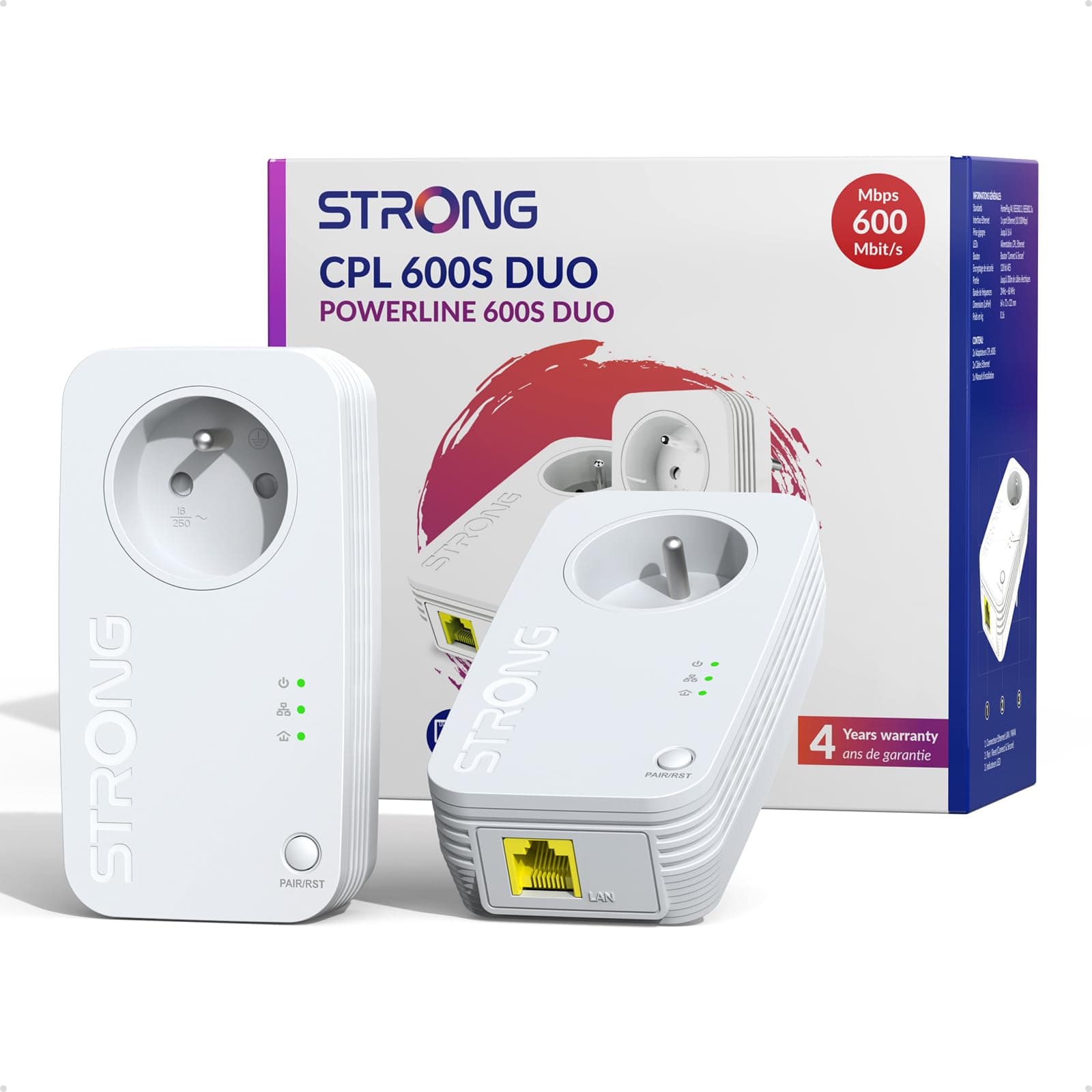 Strong CPL AV600, Prise Intégrée, Port Ethernet 100 Mbps, Kit de 2 | Plug & Play, Compatible avec Toutes les Box, Connexion Stable pour TV, PC et Décodeur