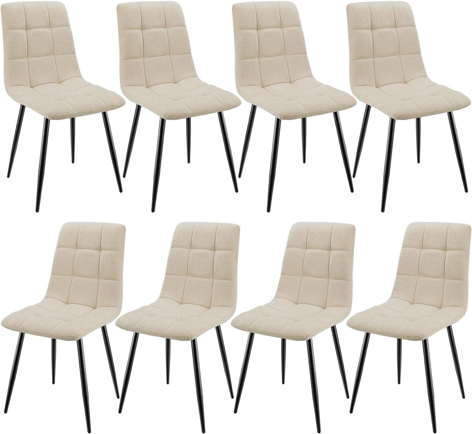 JIJIAN Pack de 8 Sillas de Comedor, Sillas de Cocina Tapizadas de Lino con Patas de Metal Negro, Acolchadas con Diseño de Cuadros, para Cocina, Dormitorio y Recepción, Beige